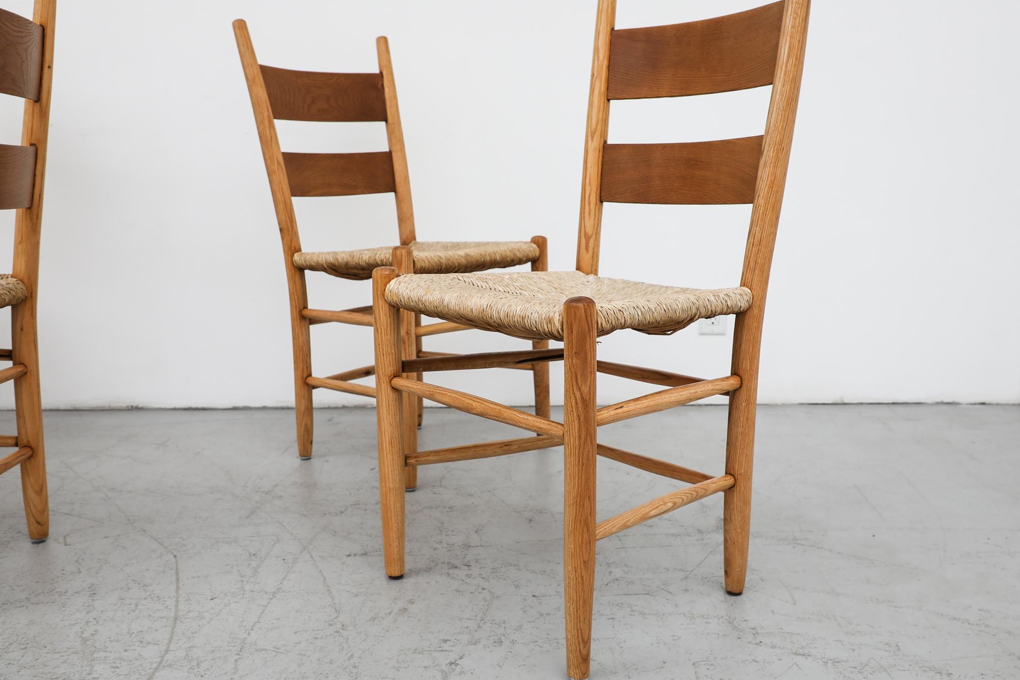 Dutch Mid-Century Perriand Inspired Ladder Back Oak Church Chairs with Rush Seats For Sale