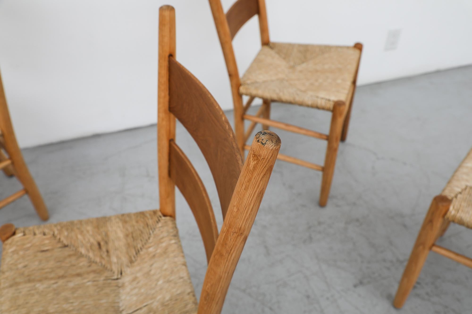 Mid-Century Perriand Inspired Ladder Back Oak Church Chairs with Rush Seats In Good Condition For Sale In Los Angeles, CA