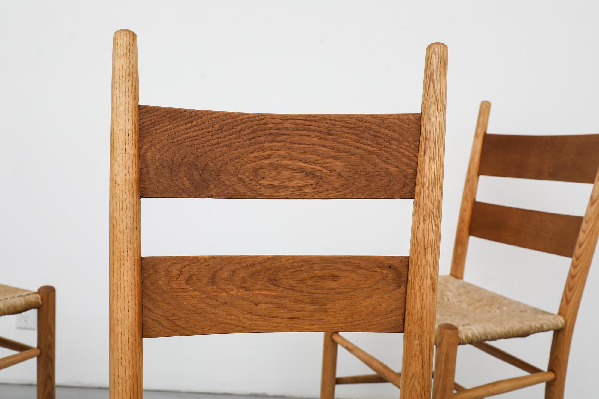 Mid-Century Perriand Inspired Ladder Back Oak Church Chairs with Rush Seats For Sale 1