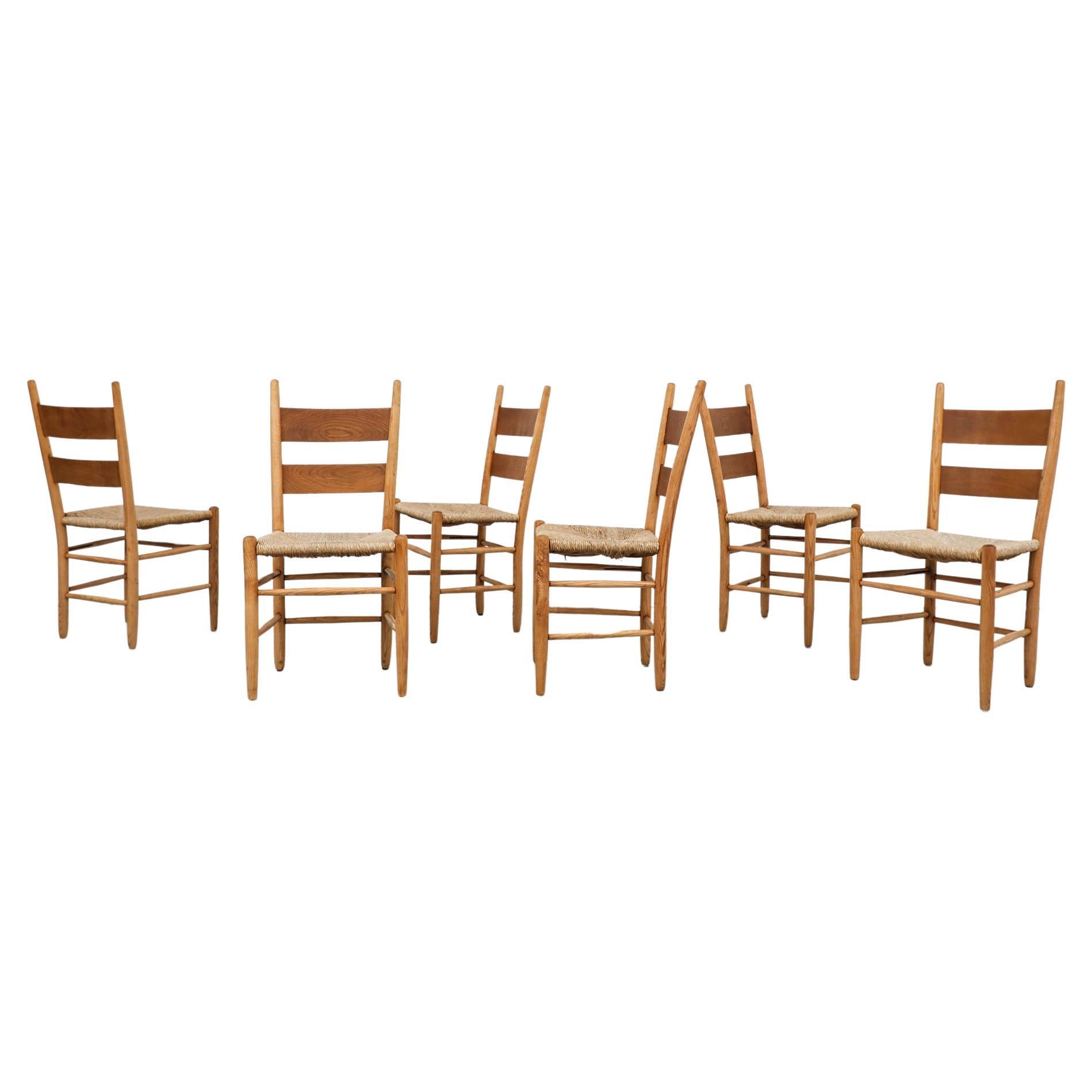 Mid-Century Perriand Inspired Ladder Back Oak Church Chairs with Rush Seats For Sale