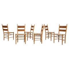 Mid-Century Charlotte Perriand Inspired Oak Church Chairs with Rush Seating