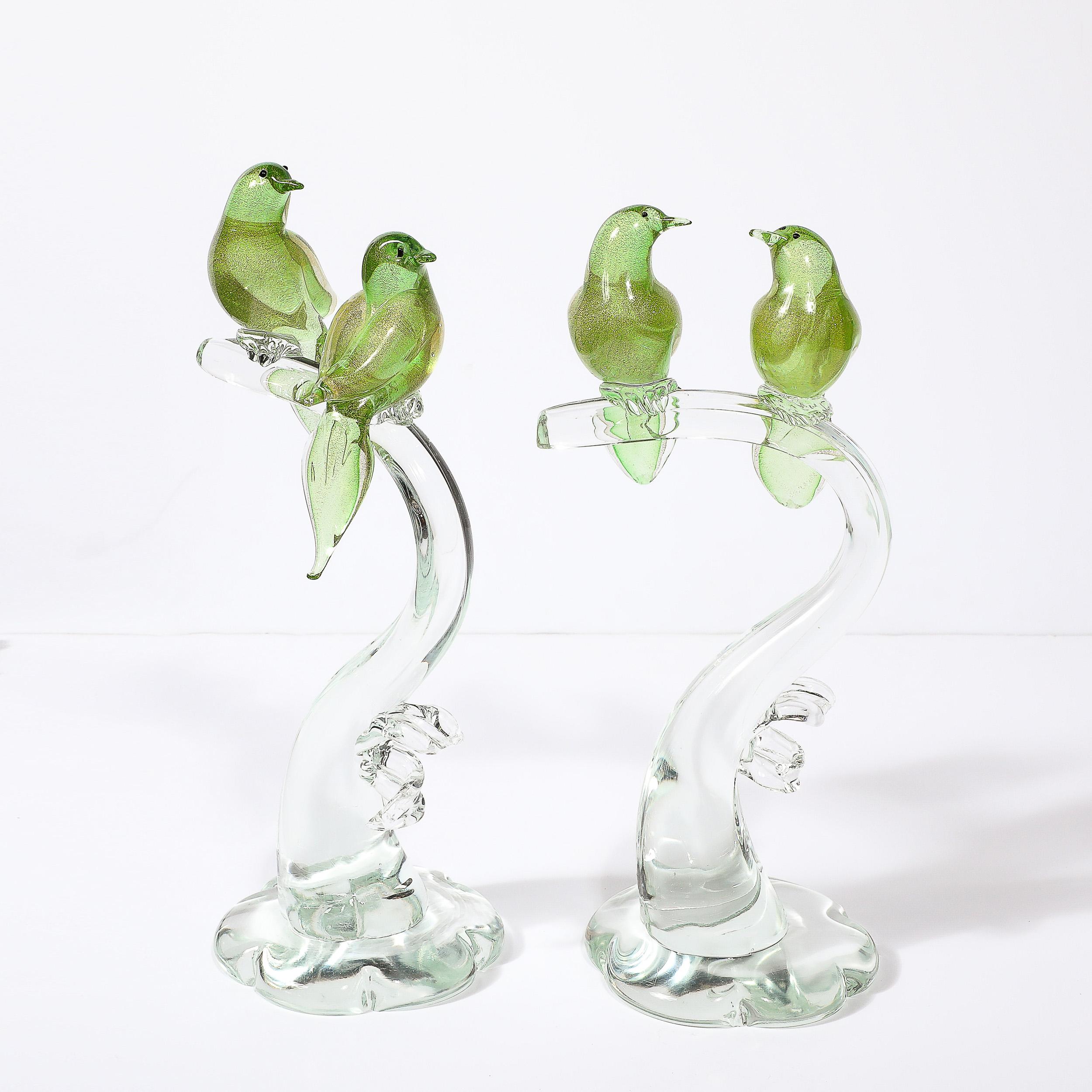 Metà XX secolo Sculture di uccelli in vetro di Murano soffiato a mano trasparenti e color chartreuse di metà secolo in vendita