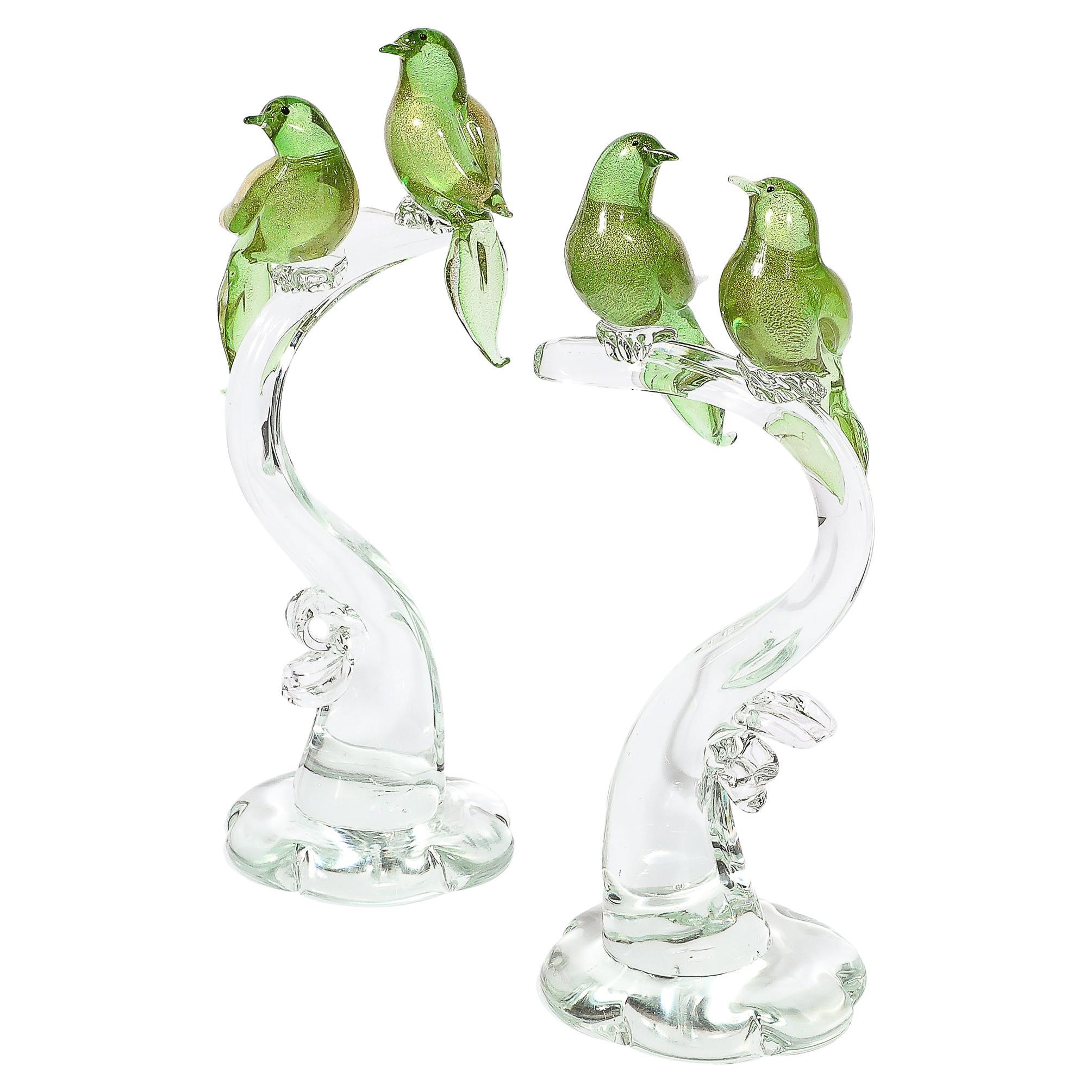 Vogel-Skulpturen aus mundgeblasenem Murano-Glas aus der Jahrhundertmitte in Chartreuse und Transparent
