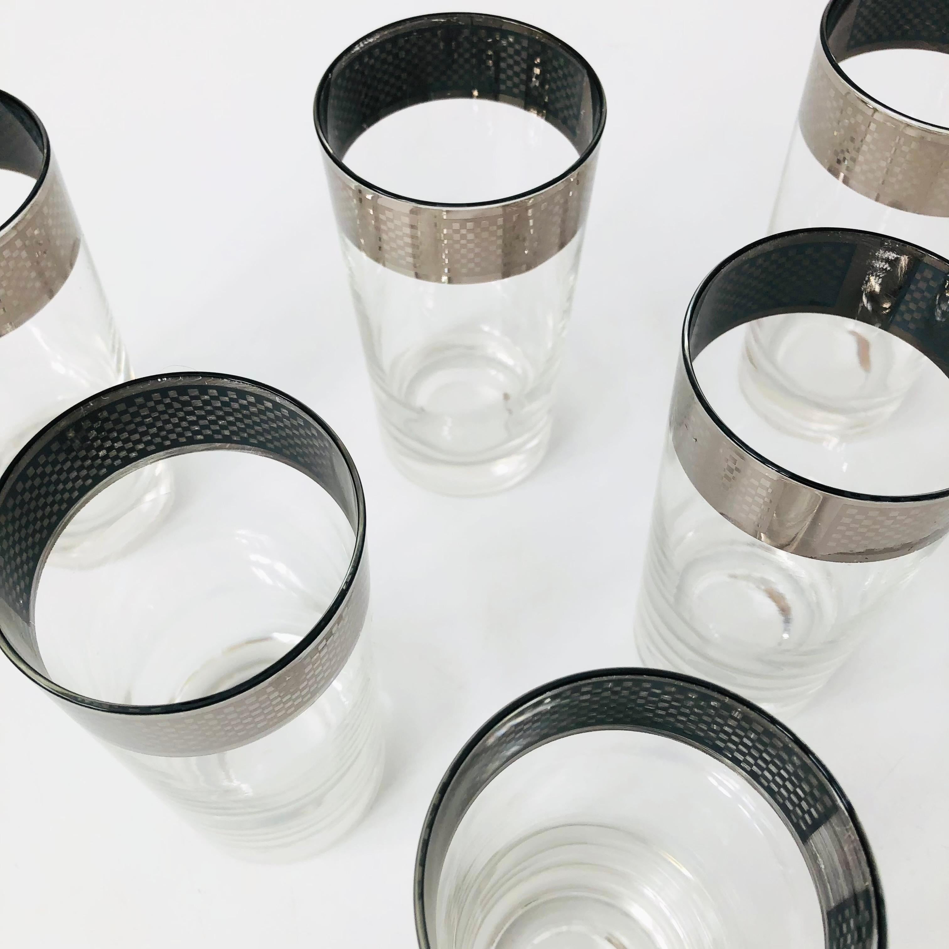 Mid Century Checkered Silver Rim Tumblers - Set of 6 In Good Condition For Sale In Vallejo, CA