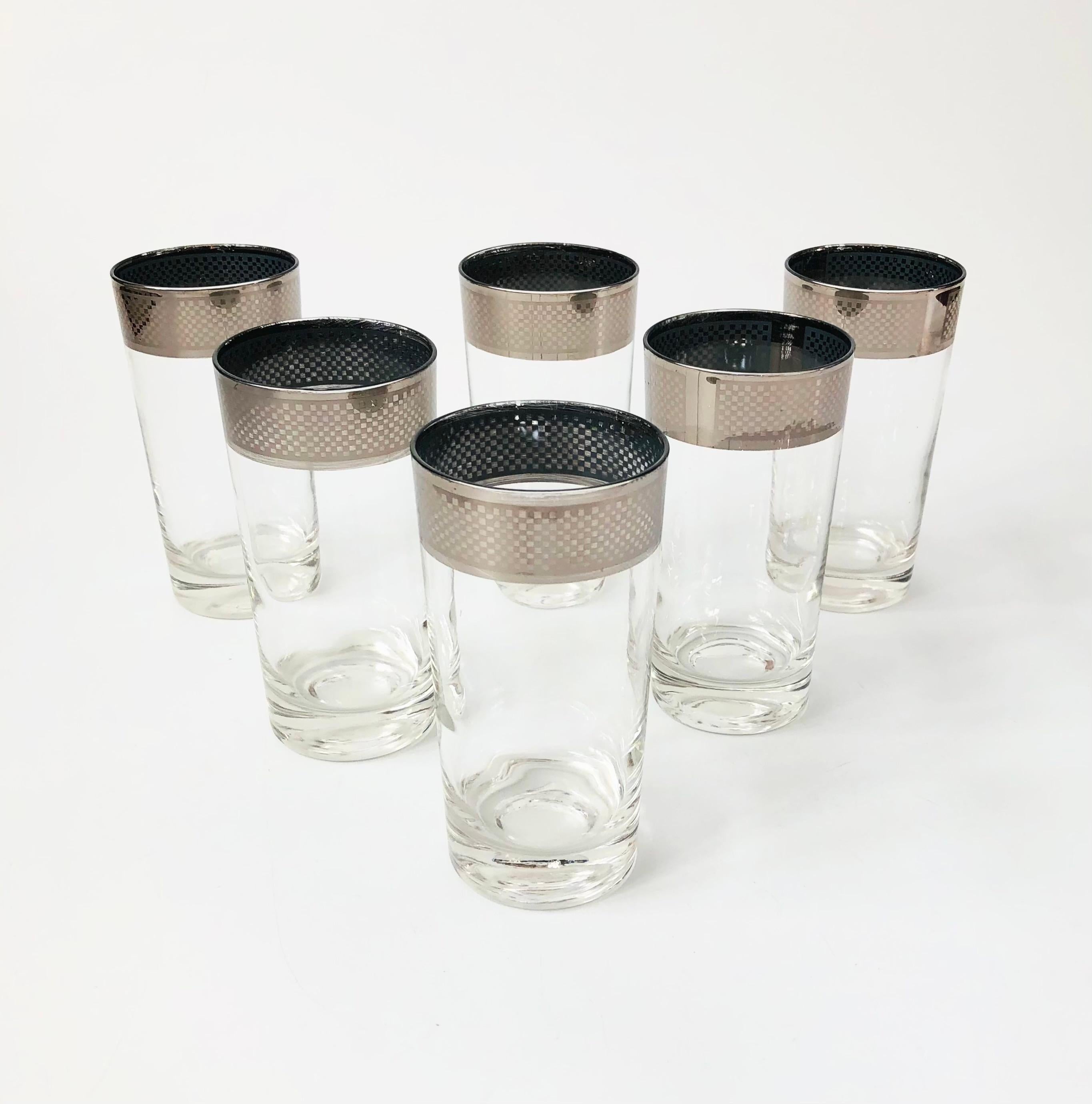 Glass Mid Century Checkered Silver Rim Tumblers - Set of 6 For Sale