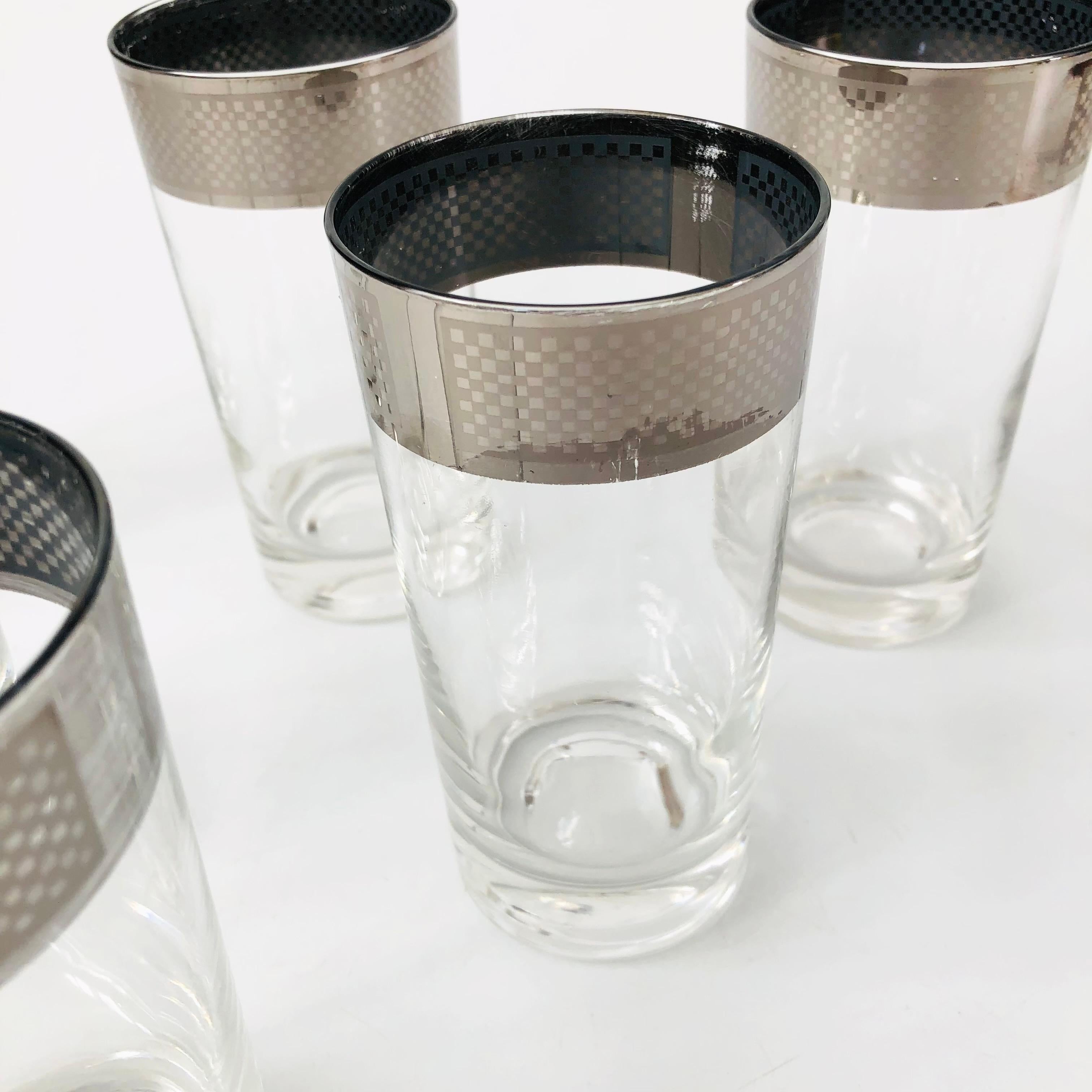 Mid Century Checkered Silver Rim Tumblers - Set of 6 For Sale 1
