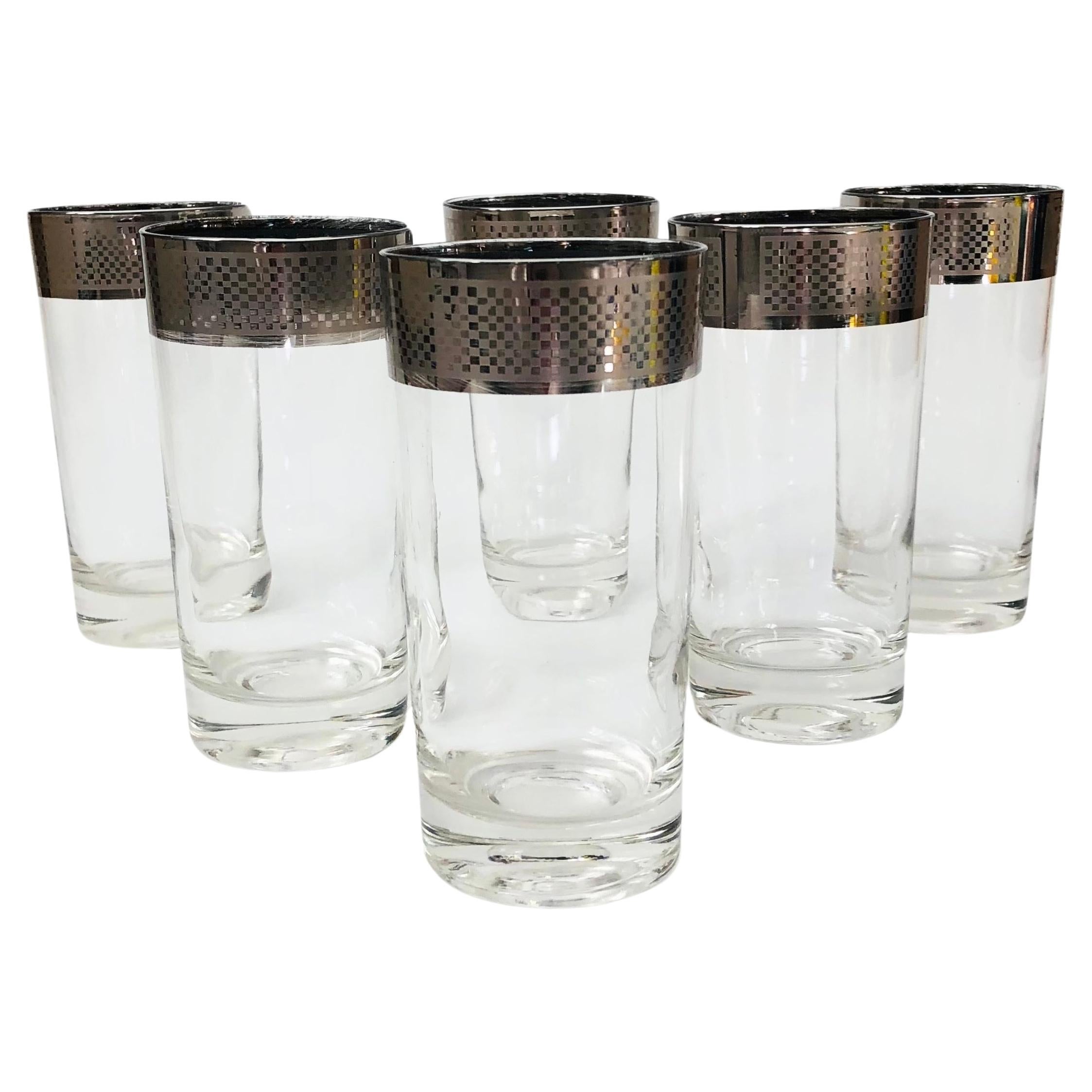 Mid Century Checkered Silver Rim Tumblers - Set of 6 For Sale