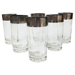 Vintage Mid Century Checkered Silver Rim Tumblers - Set of 6