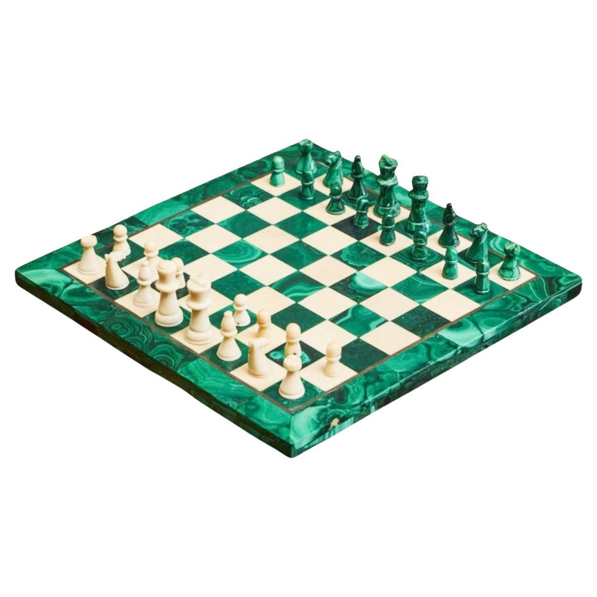 Mid Century Chess Set in Malachite and Brass 1960s For Sale