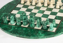 Mid-Century Chess Set - Malachite & Alabaster - Italian - Sculpted Stone Pieces