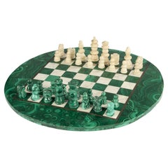 Mid-Century Chess Set - Malachite & Alabaster - Italian - Sculpted Stone Pieces