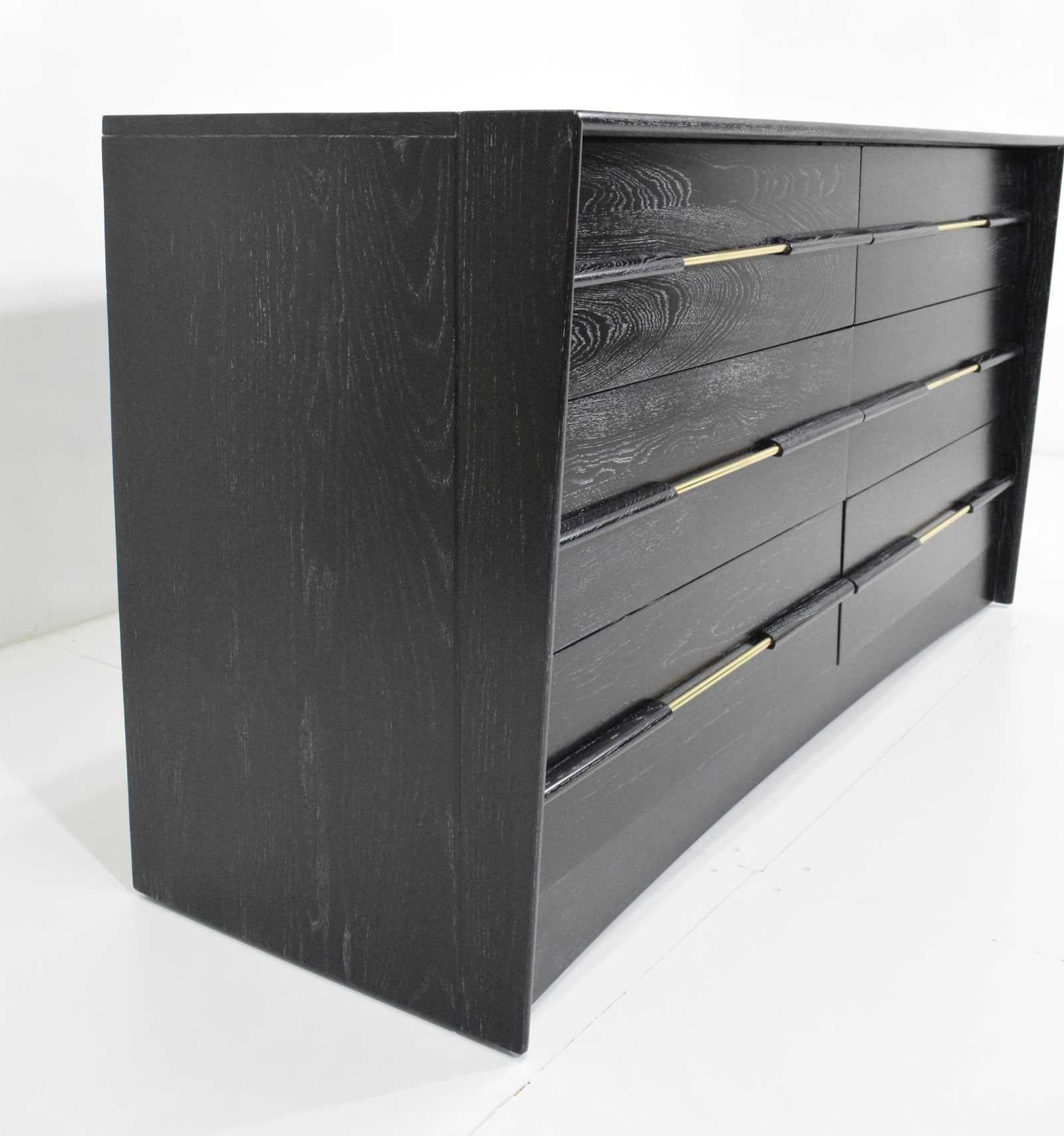 Edward Wormley for Dunbar attributed chest of drawers in ebony cerused oak. We have restored. The pulls are solid brass. James Mont, Jean Michel Frank style.