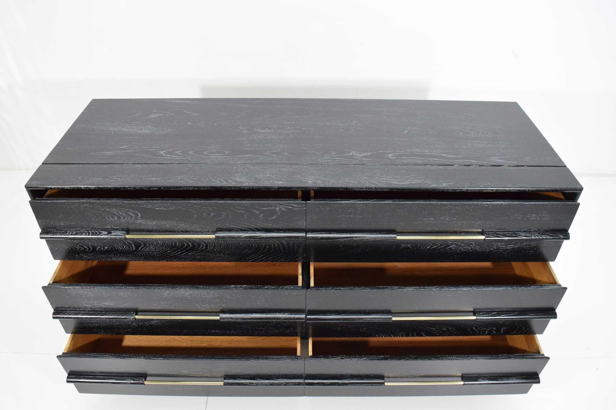 North American Midcentury Chest of Drawers in Ebony Cerused Oak with Brass Pulls