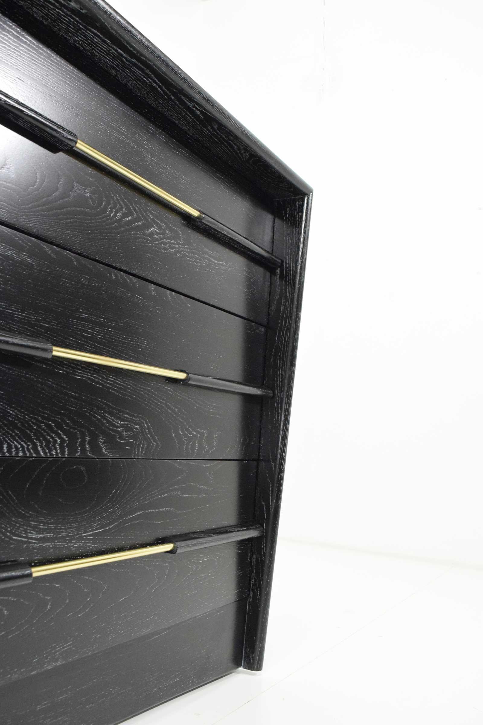 Midcentury Chest of Drawers in Ebony Cerused Oak with Brass Pulls In Good Condition In Dallas, TX