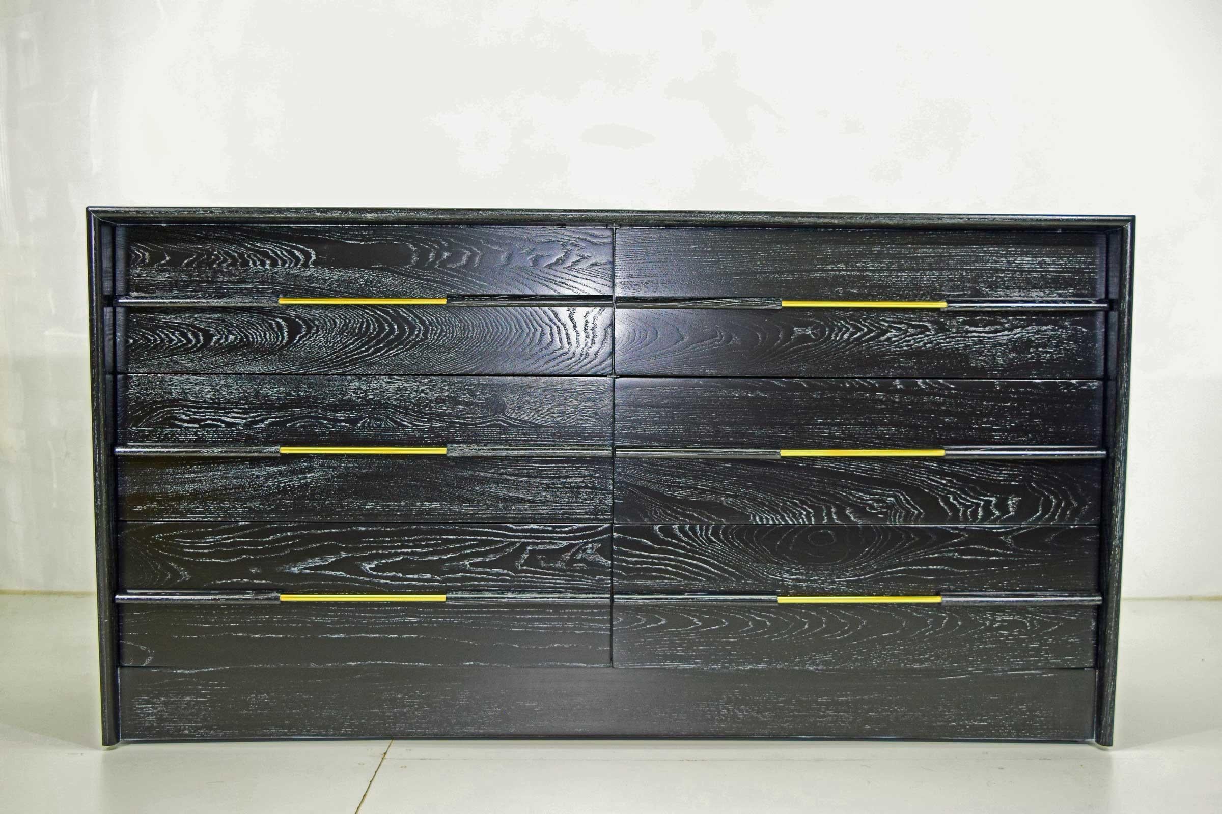 Midcentury Chest of Drawers in Ebony Cerused Oak with Brass Pulls 1