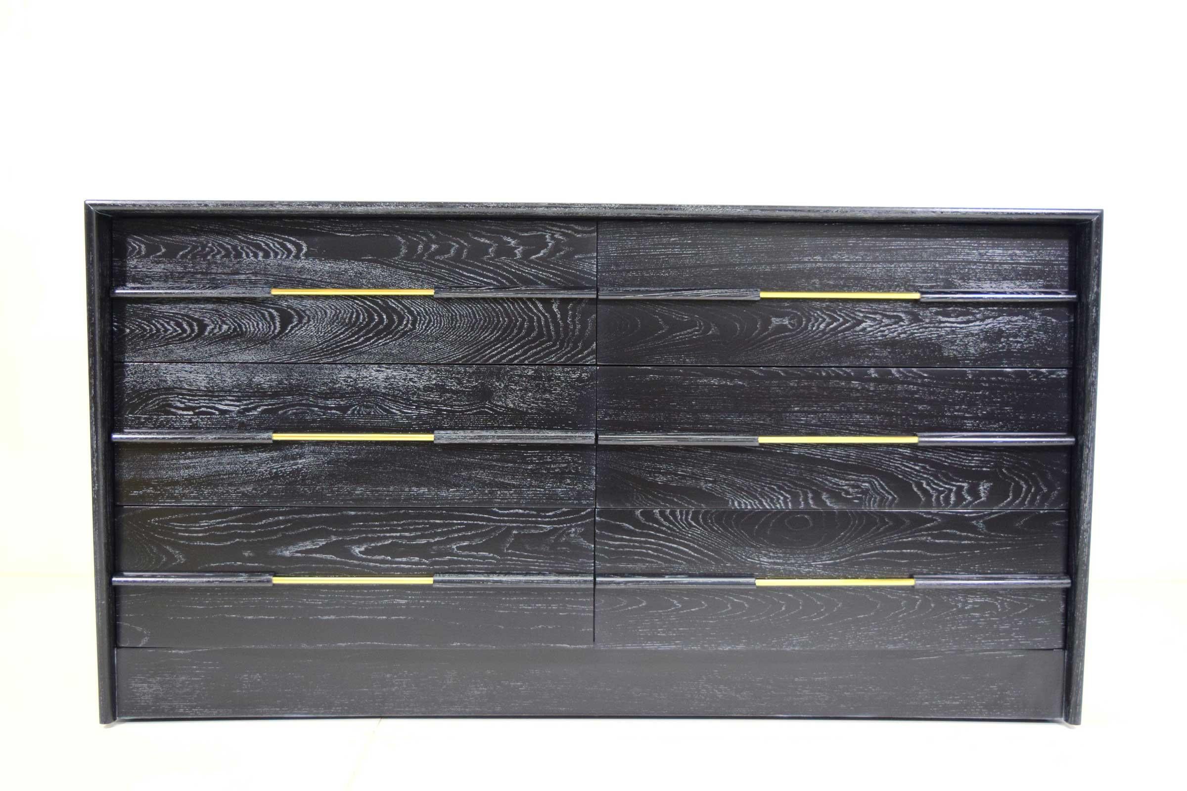Midcentury Chest of Drawers in Ebony Cerused Oak with Brass Pulls 2