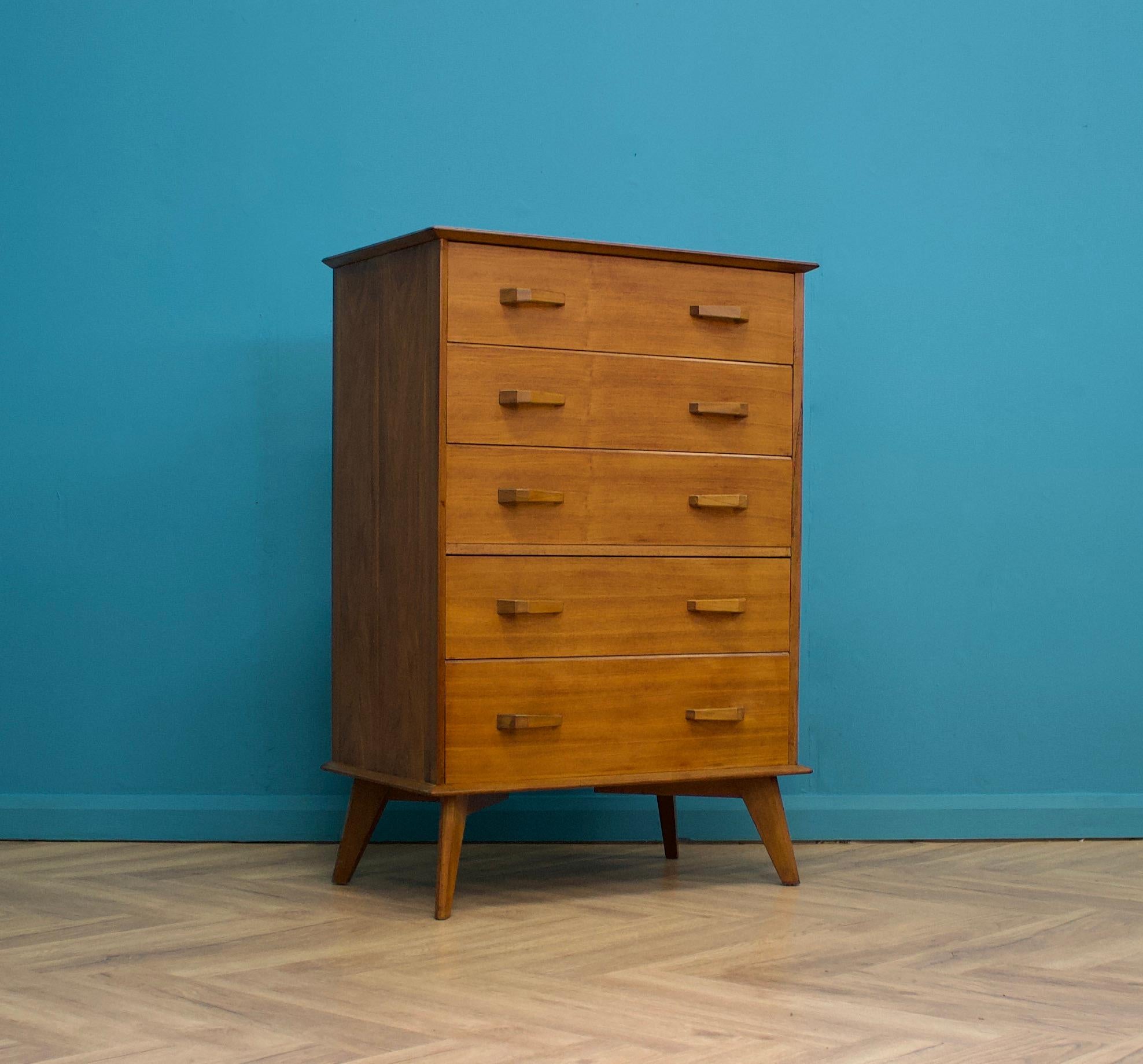 British Mid-Century Chest of Drawers in Walnut & Teak from AY Crown Furniture, 1960s For Sale