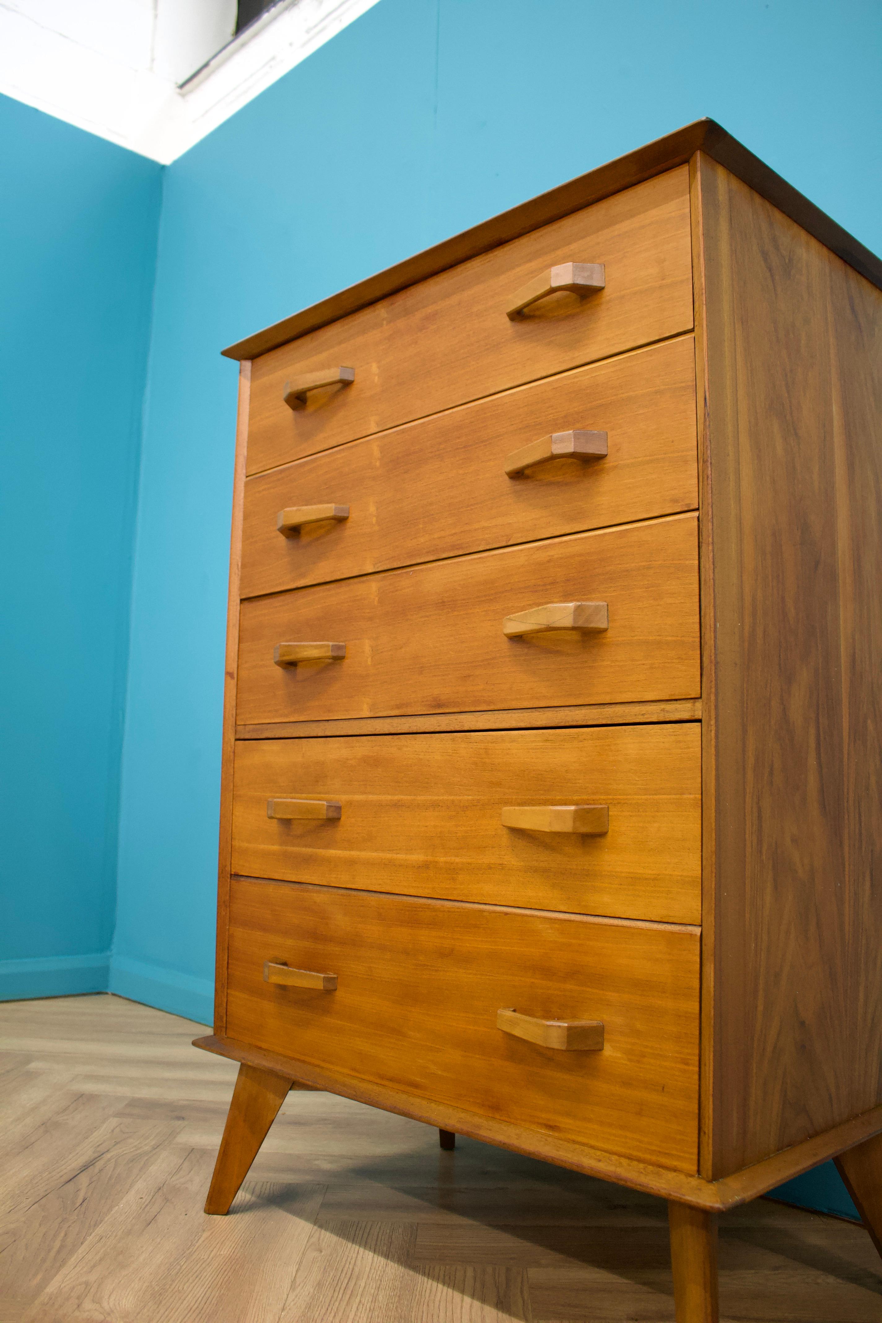 Veneer Mid-Century Chest of Drawers in Walnut & Teak from AY Crown Furniture, 1960s For Sale