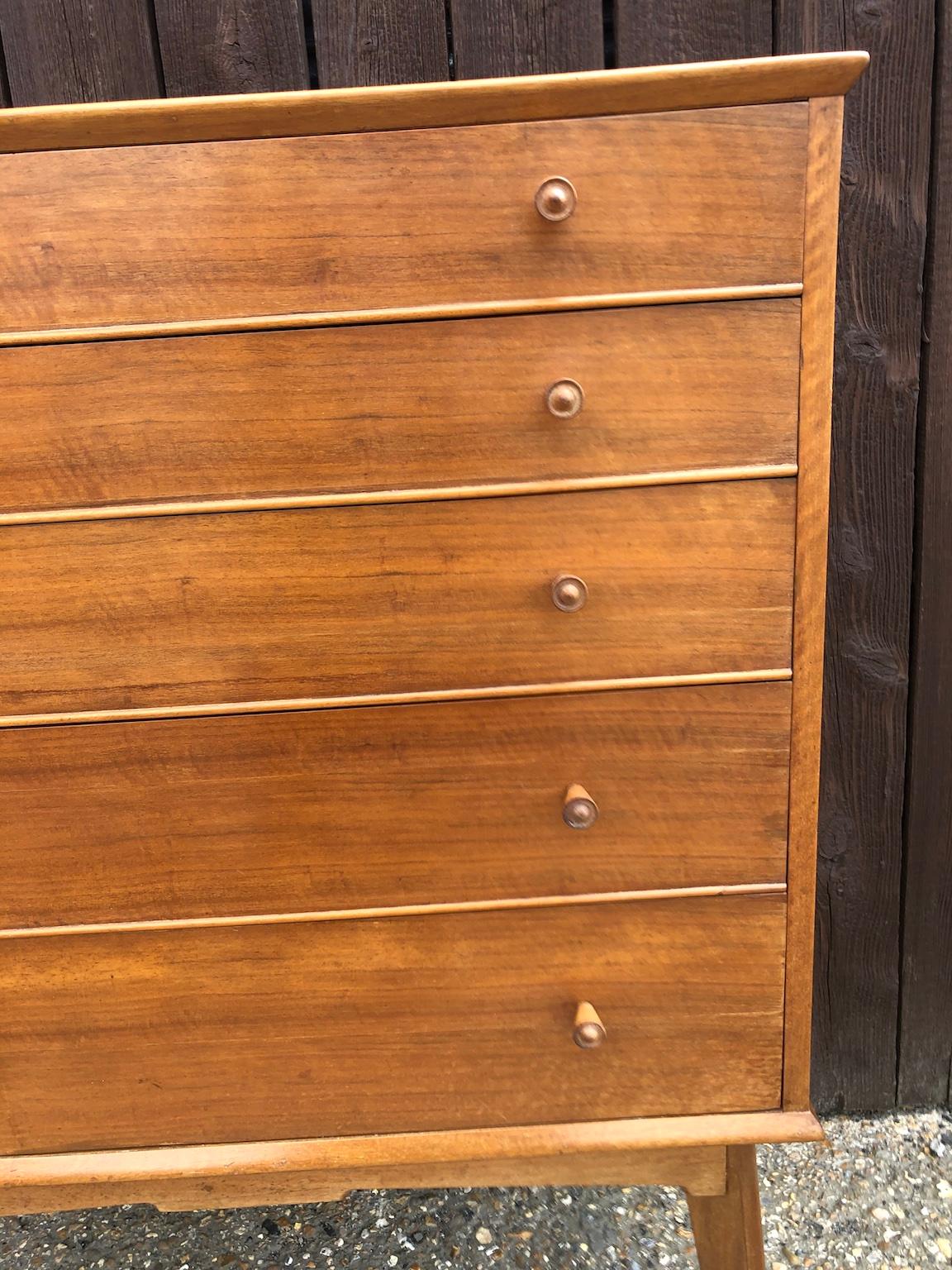 Walnut Midcentury Chest of Drawers on Legs, Tallboy by Alfred Cox for Heals, UK, 1950s