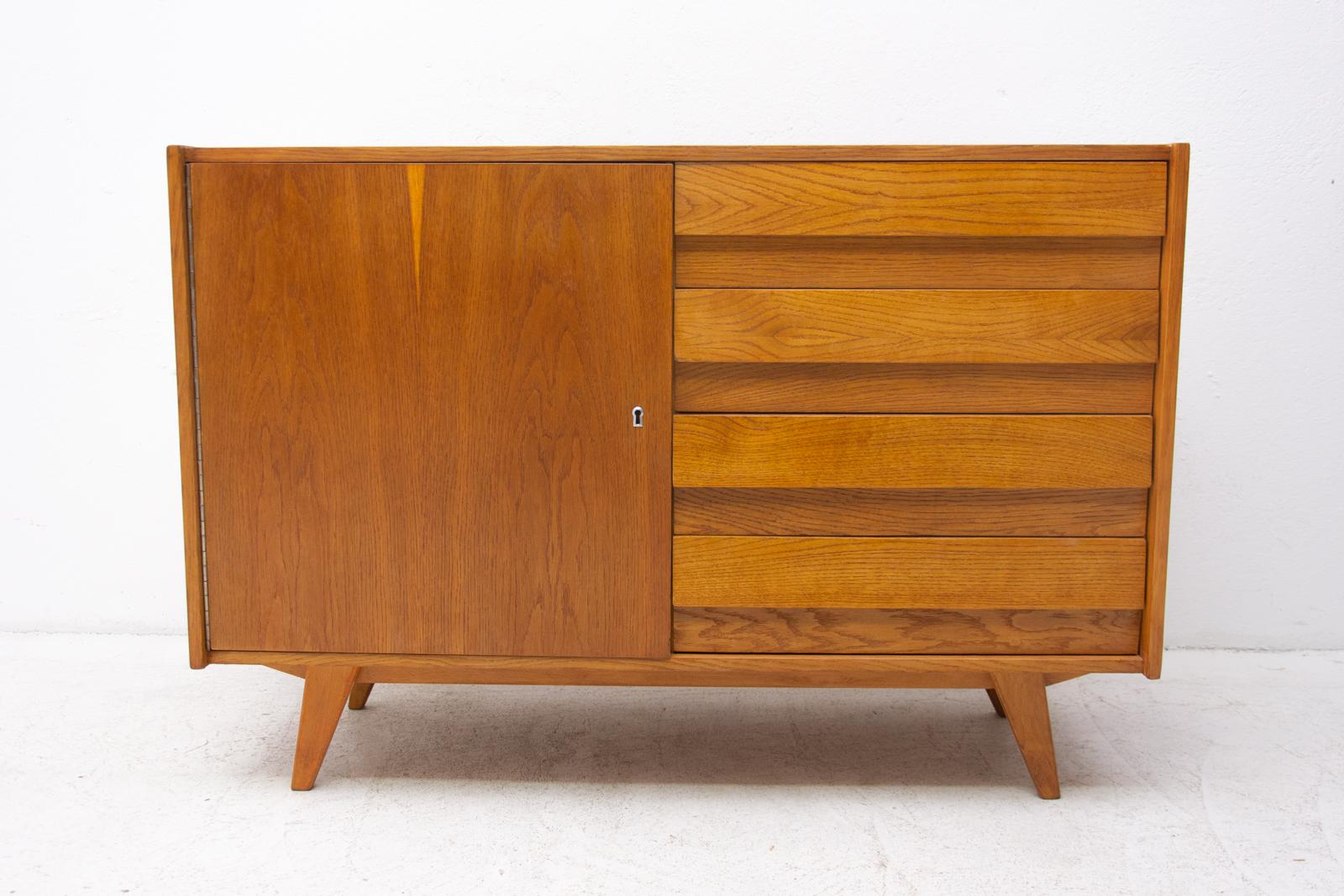 Midcentury chest of drawers, model no. U-458, designed by Jiri Jiroutek. It was made in the 1960s and produced by “Interier Praha”. This model associated with world-renowned EXPO 58-“Brussels period”. It features Beech wood, plywood, veneered
