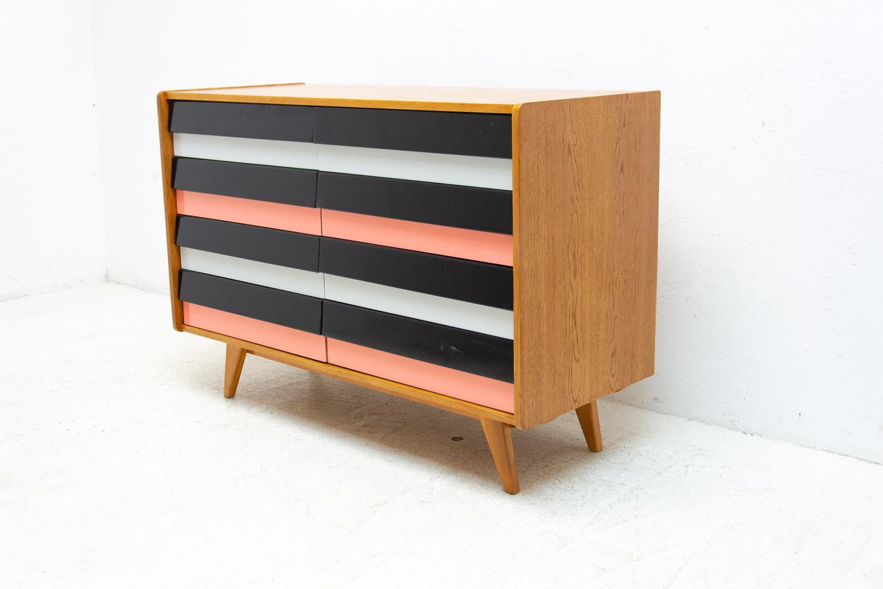 Mid-century chest of drawers, model no. U-458, designed by Jiri Jiroutek. It was made in the 1960´s and produced by “Interier Praha”. This model associated with world-renowned EXPO 58-“Brussels period”. It´s made of beech wood and plywood. The chest