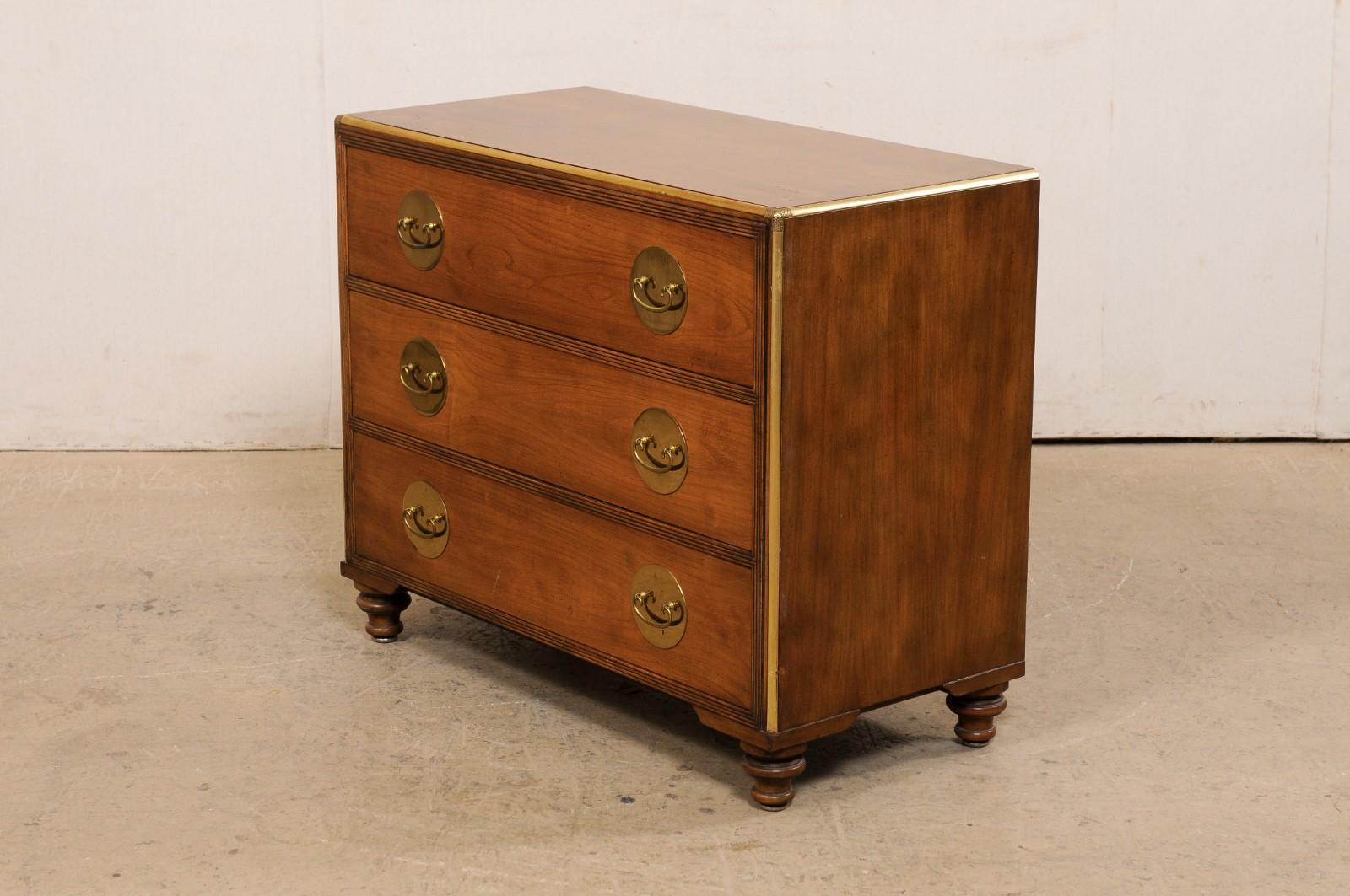 Mid-Century Chest of Three Drawers, Lined in Brass & Circular Brass Backplates 5