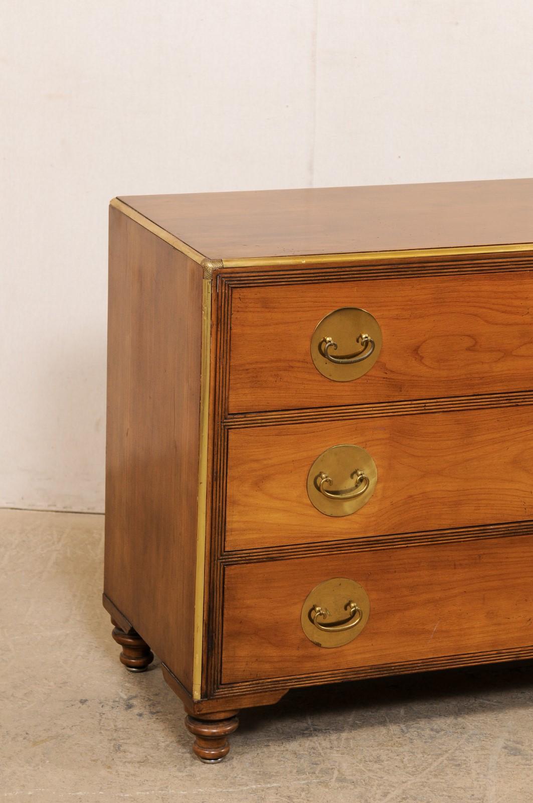 Mid-Century Chest of Three Drawers, Lined in Brass & Circular Brass Backplates In Good Condition In Atlanta, GA