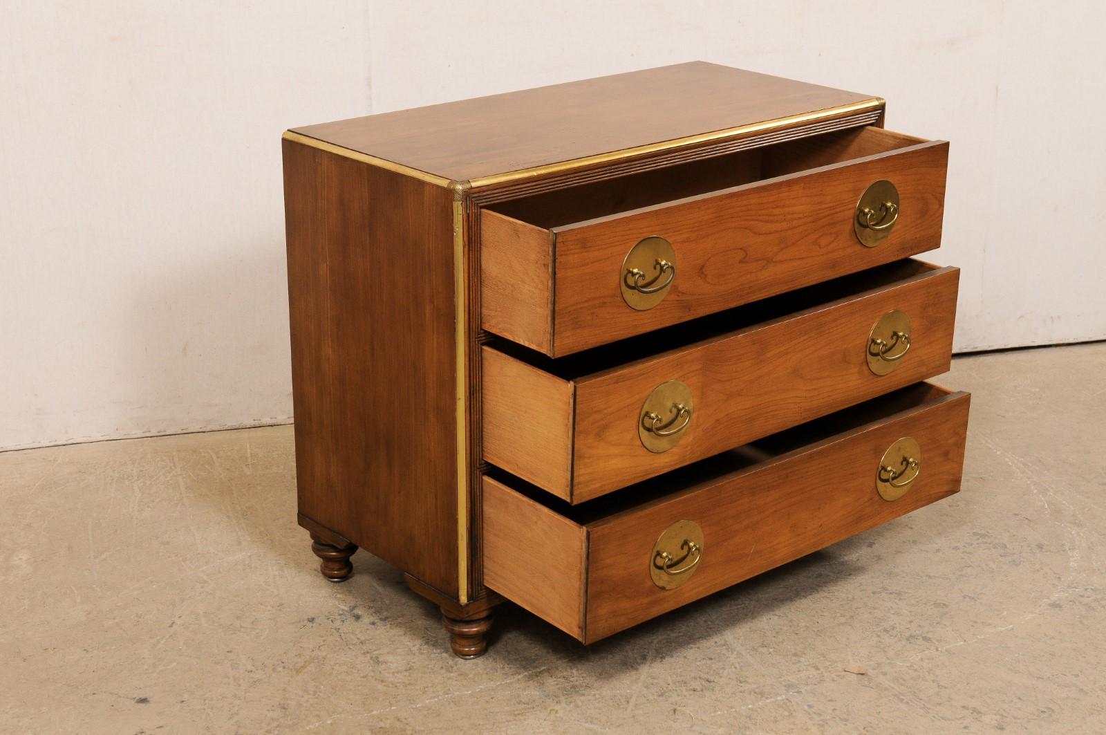 Wood Mid-Century Chest of Three Drawers, Lined in Brass & Circular Brass Backplates