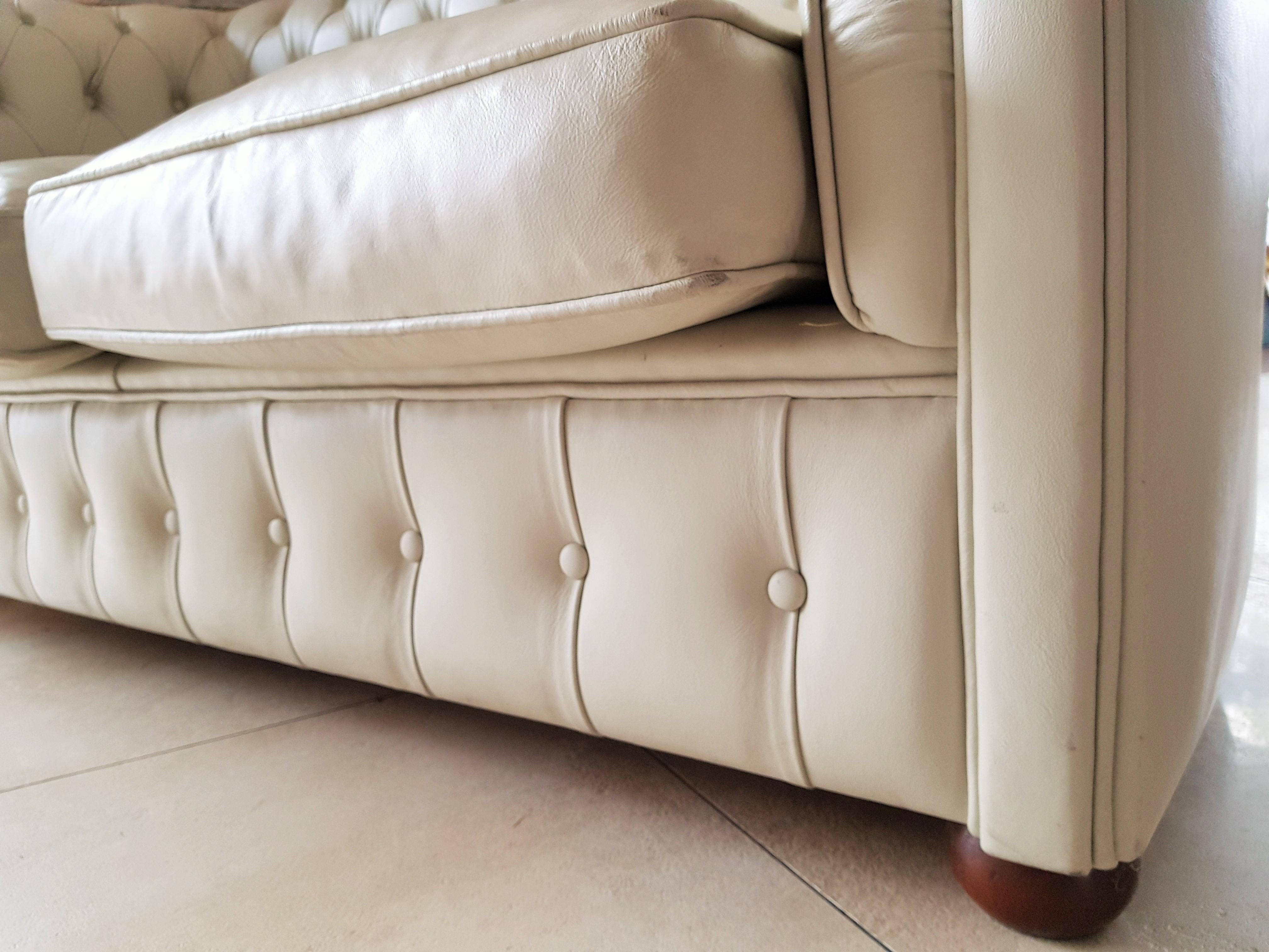 Midcentury Chesterfield Sofa Loveseat White Leather For Sale 5