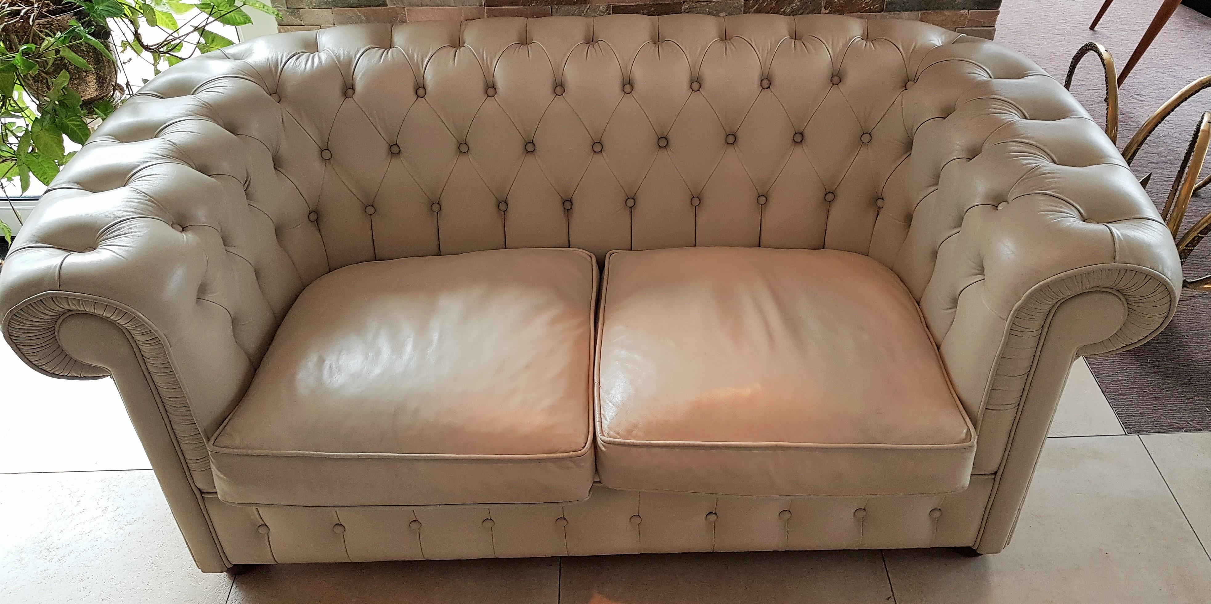 Midcentury Chesterfield Sofa Loveseat White Leather For Sale 10