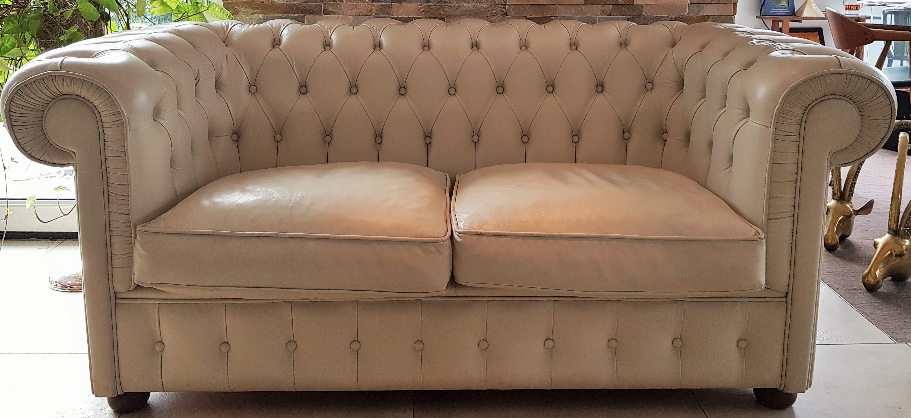 Midcentury Chesterfield Sofa Loveseat White Leather 11