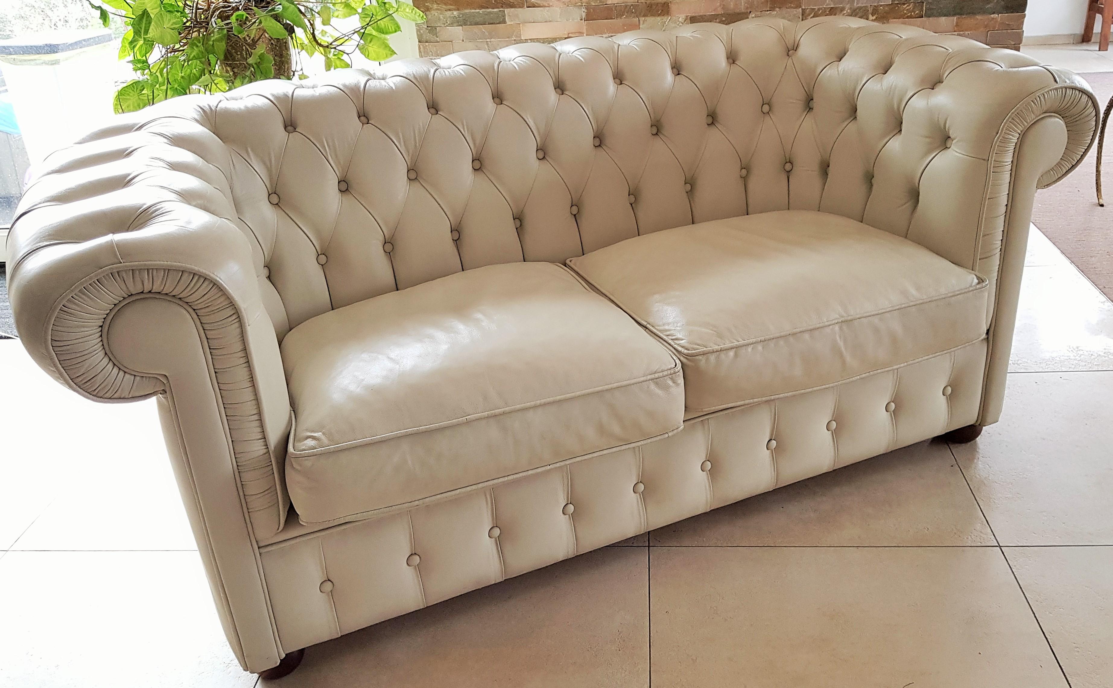 French Midcentury Chesterfield Sofa Loveseat White Leather For Sale