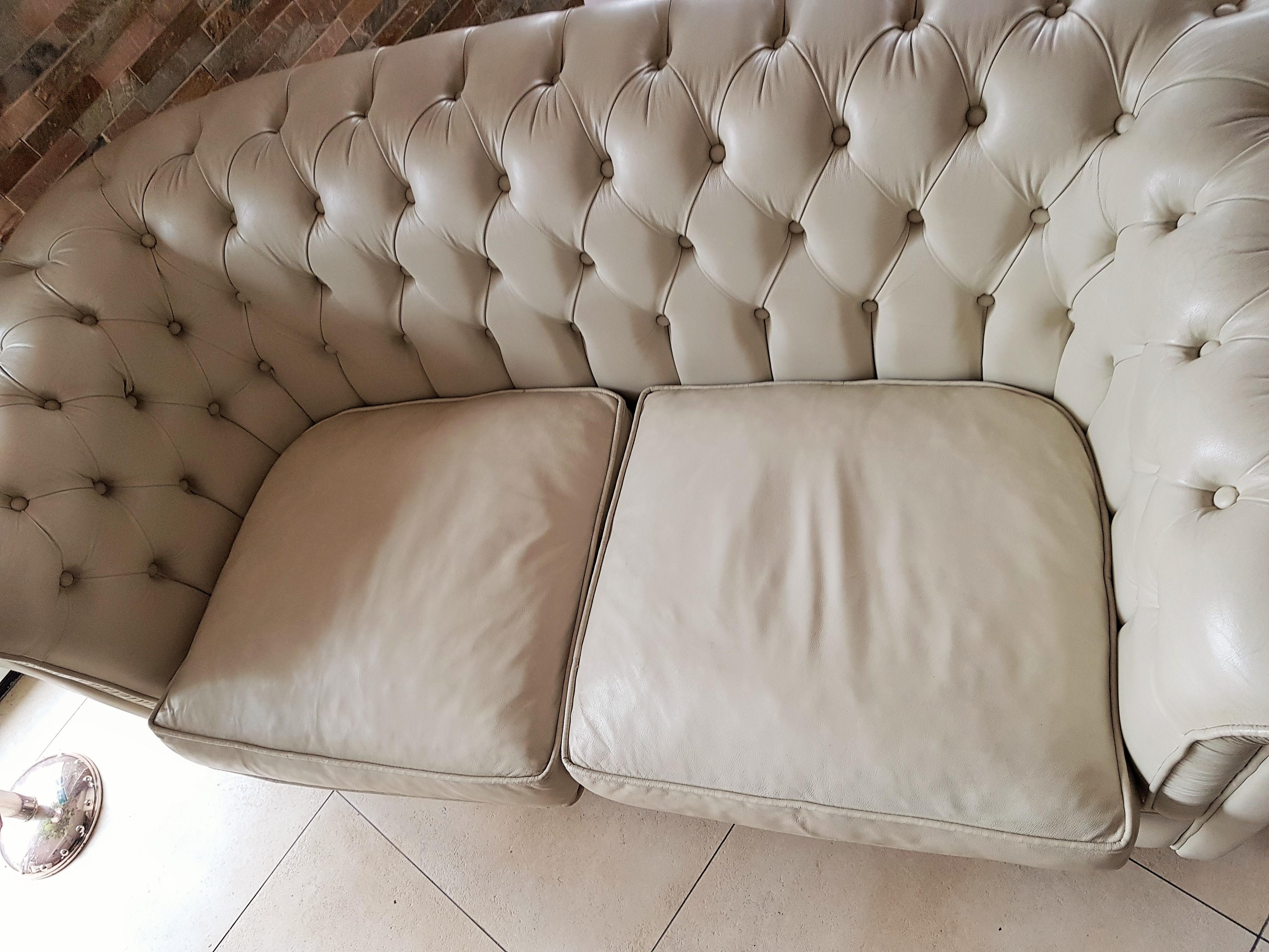 Midcentury Chesterfield Sofa Loveseat White Leather For Sale 1