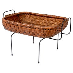 Mid-Century Chestnut, Wood Metal and Brass Italian Magazine Rack Basket, 1960s