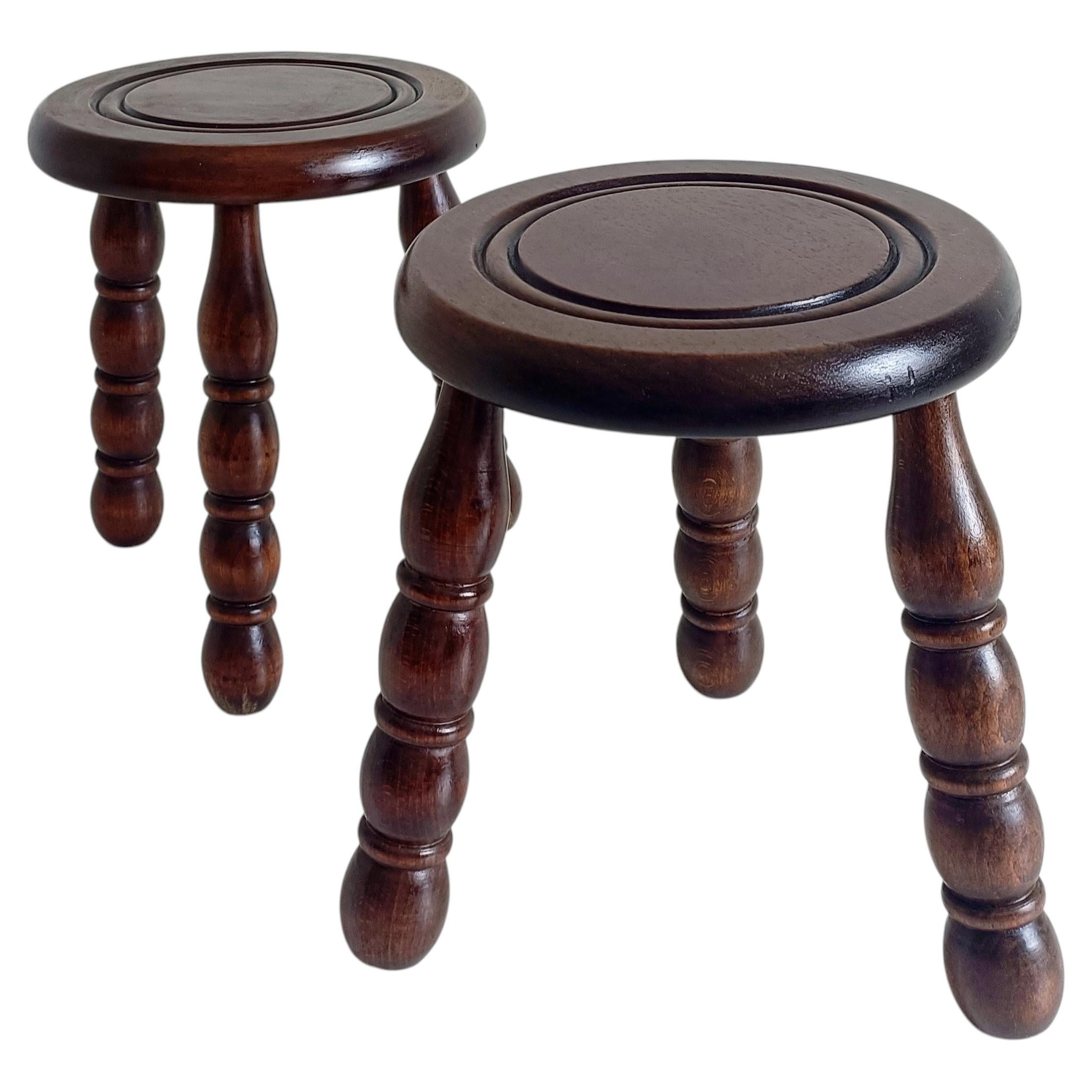 Mid-Century Chestnut Wood Stools Attributed to Charles Dudouyt, 1950s