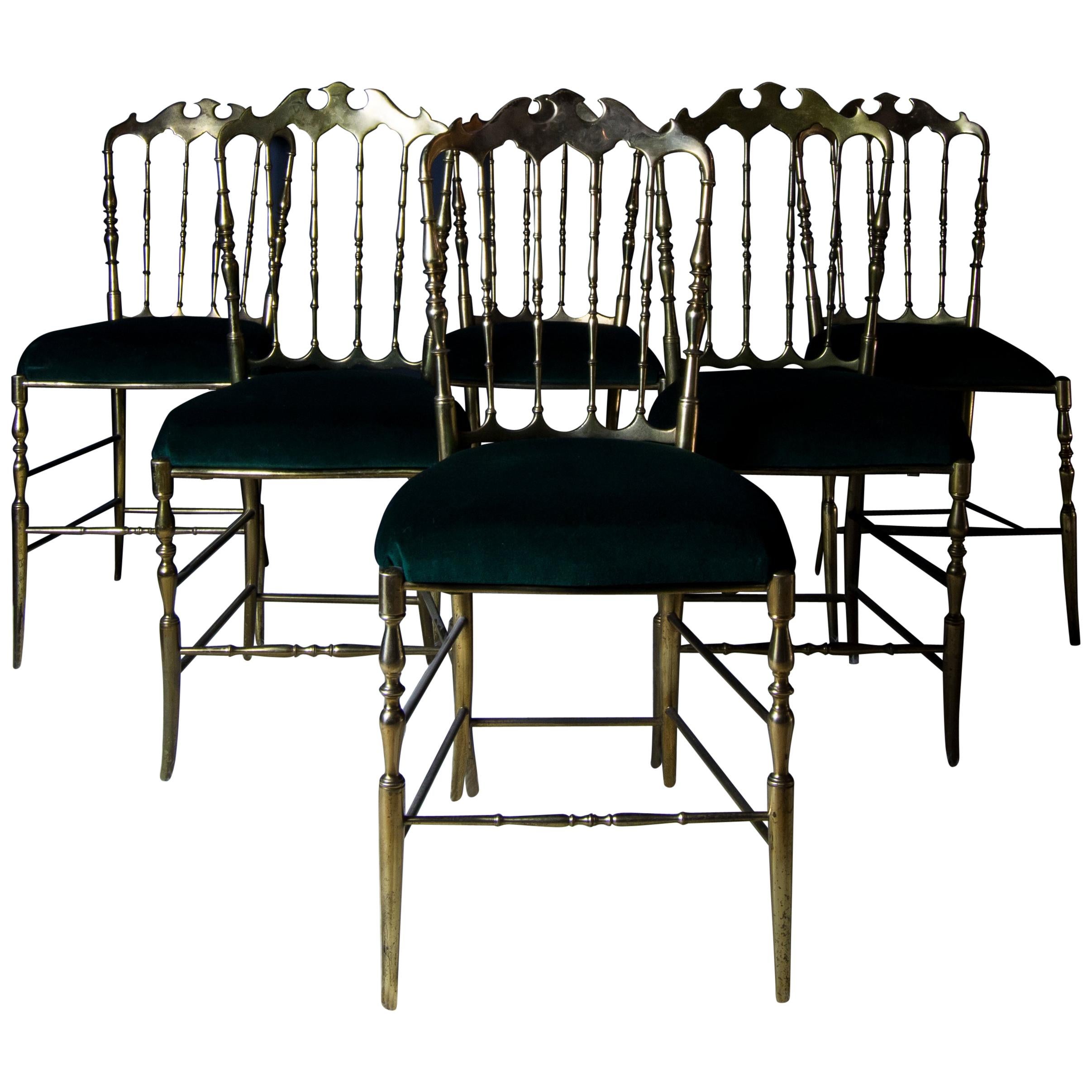 Original Chiavari chairs made in Italy believed to be circa 1952. Set of six chairs. Each beautifully detailed with turned legs and each one an individual. Stamped Made in Italy.


Some patina as would be expected with these original
