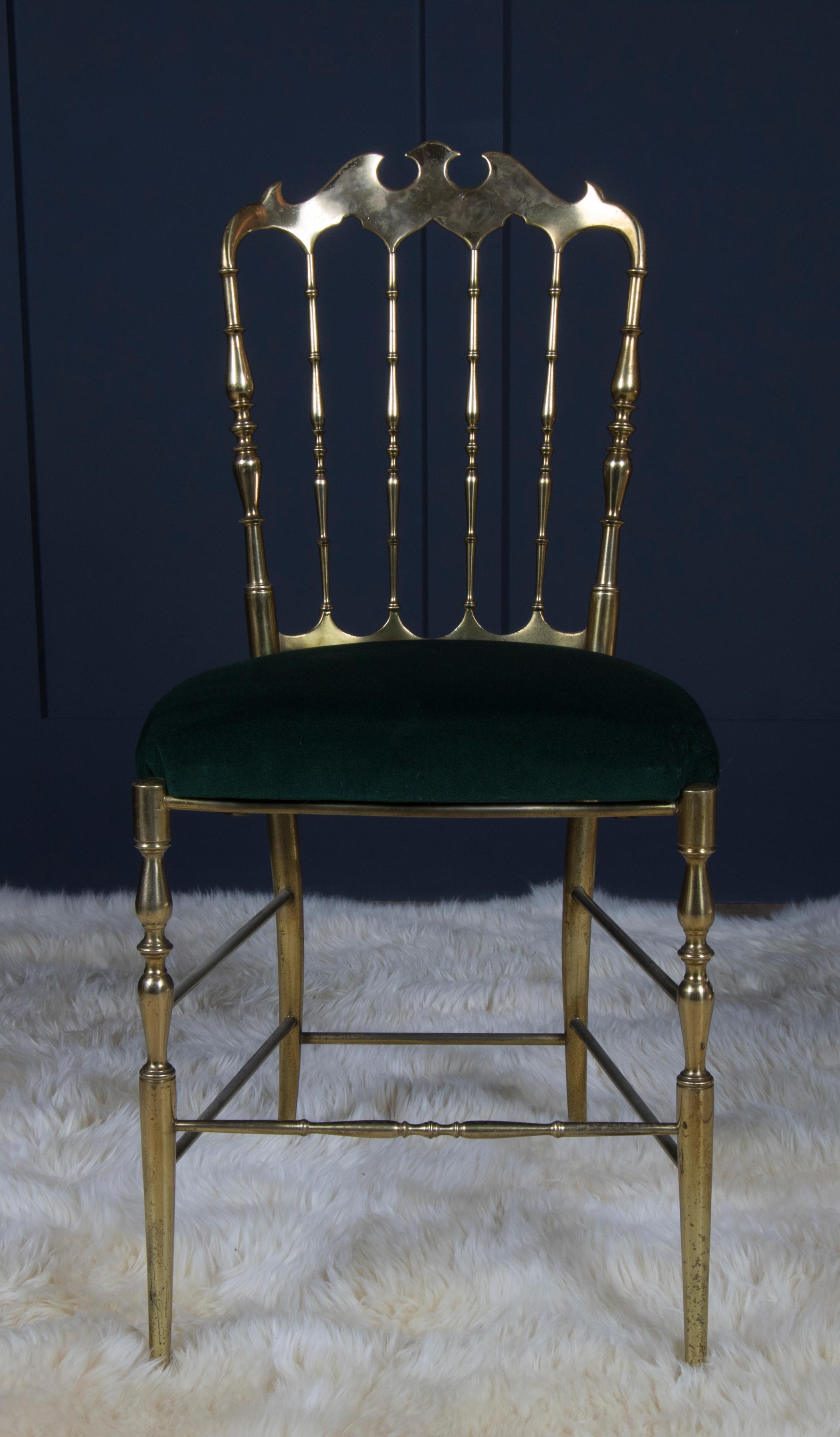 Italian Midcentury Chiavari Brass Chairs Set of Six with Forest Green Seatpads