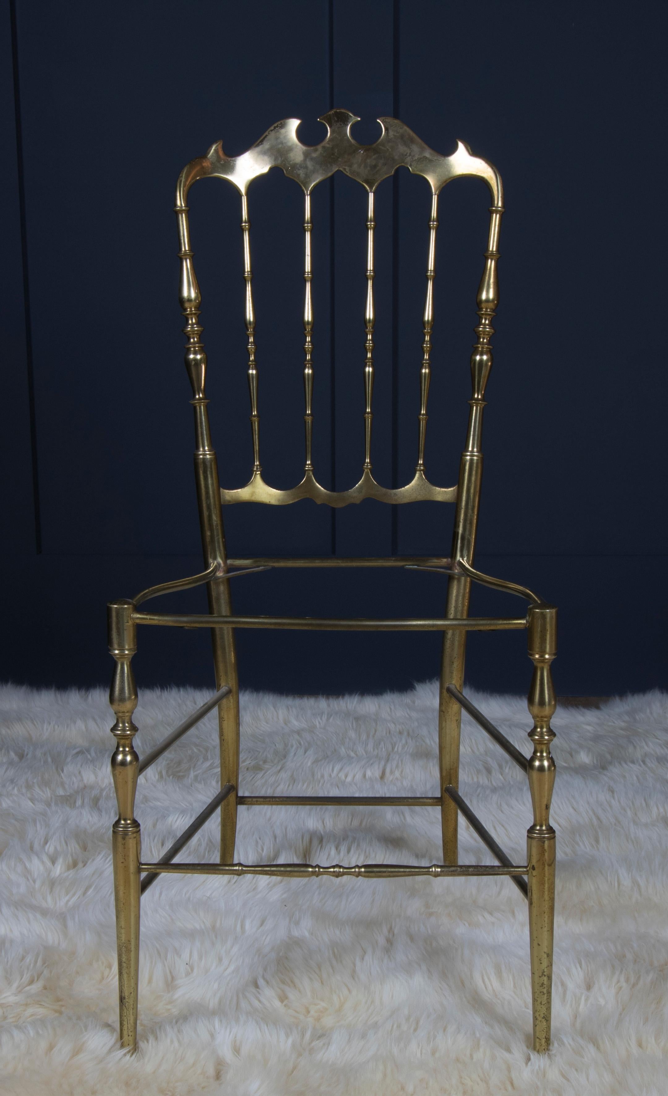 Other Midcentury Chiavari Brass Chairs Set of Six with Forest Green Seatpads