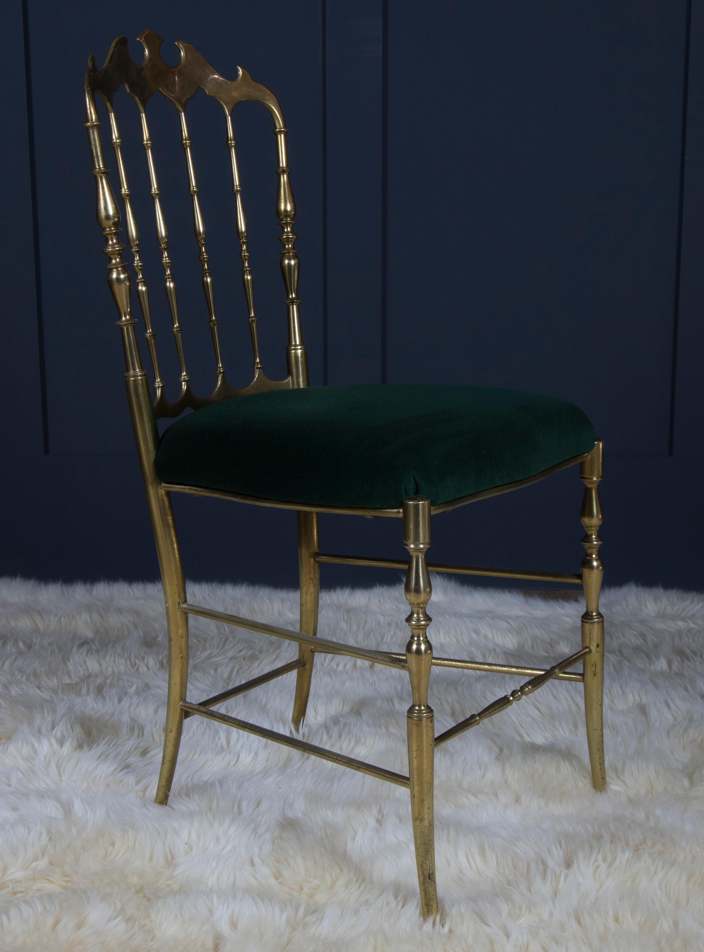 Midcentury Chiavari Brass Chairs Set of Six with Forest Green Seatpads In Fair Condition In Old Romney, Kent