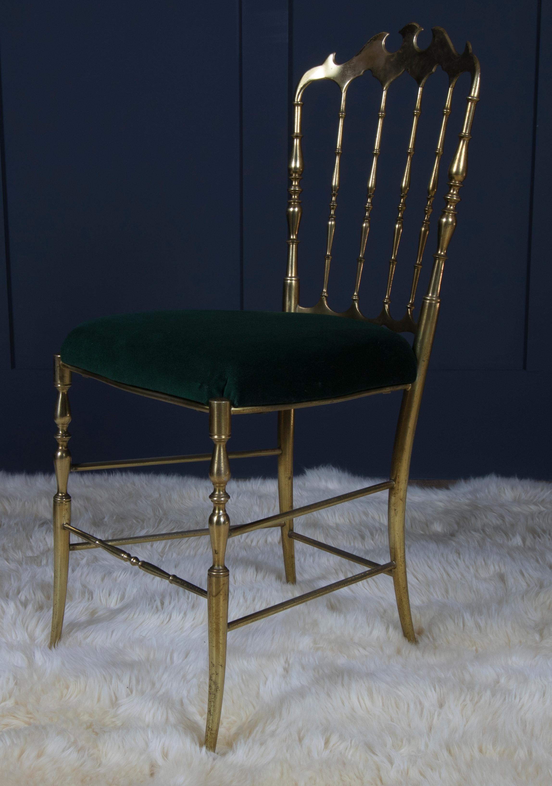 20th Century Midcentury Chiavari Brass Chairs Set of Six with Forest Green Seatpads