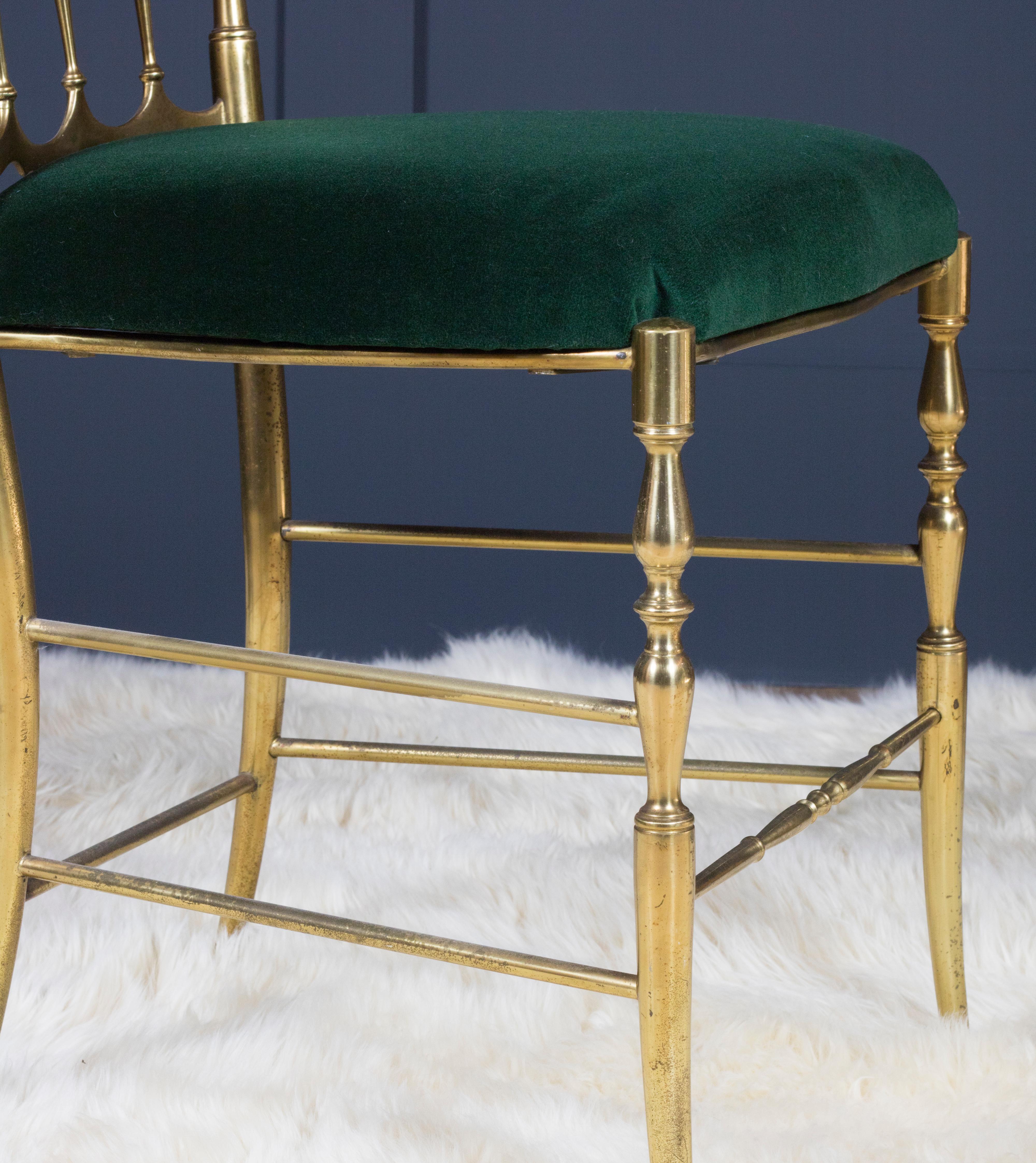 Midcentury Chiavari Brass Chairs Set of Six with Forest Green Seatpads 1