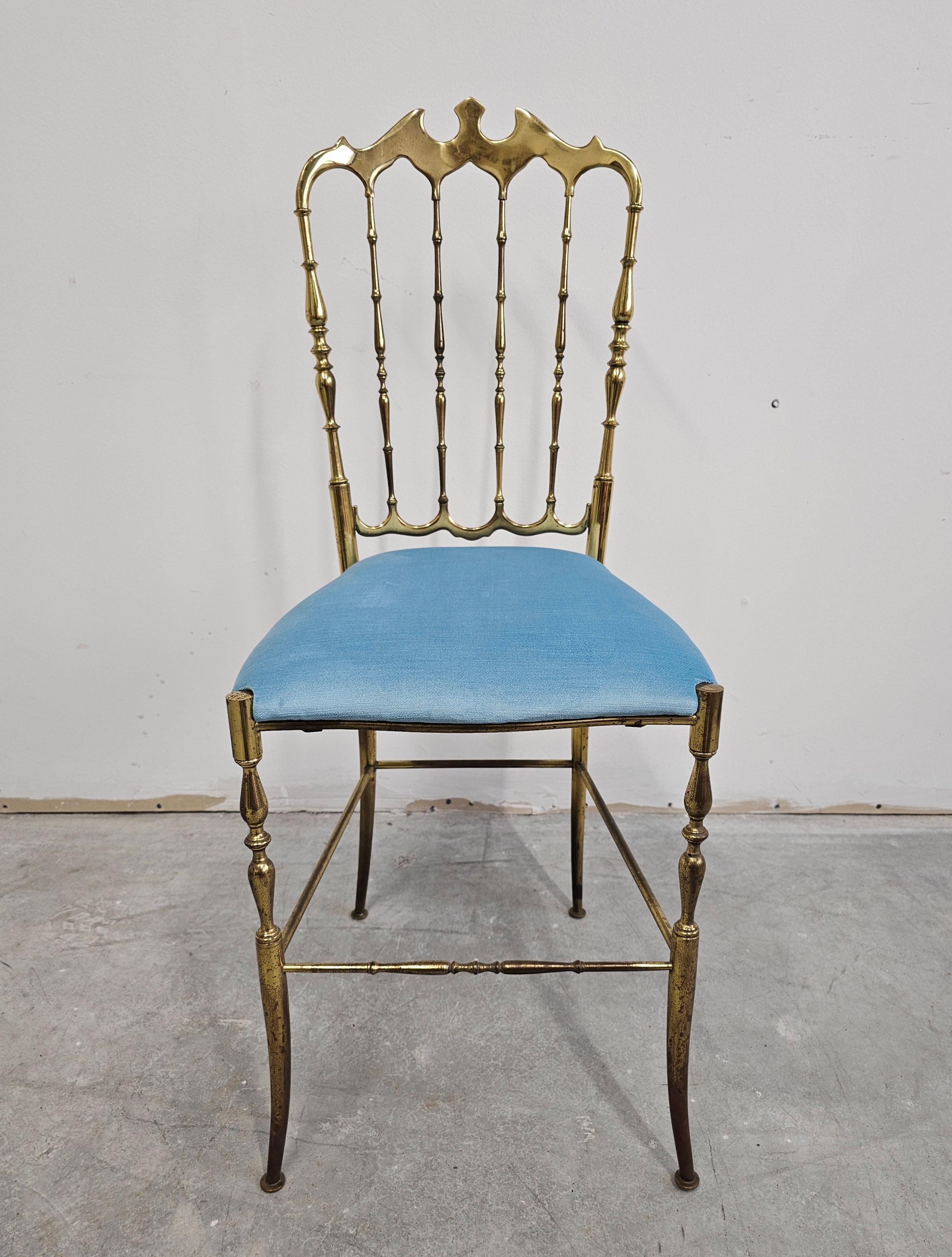 Mid Century Chiavari Side Chair made of solid brass with baby blue plush seat For Sale 3