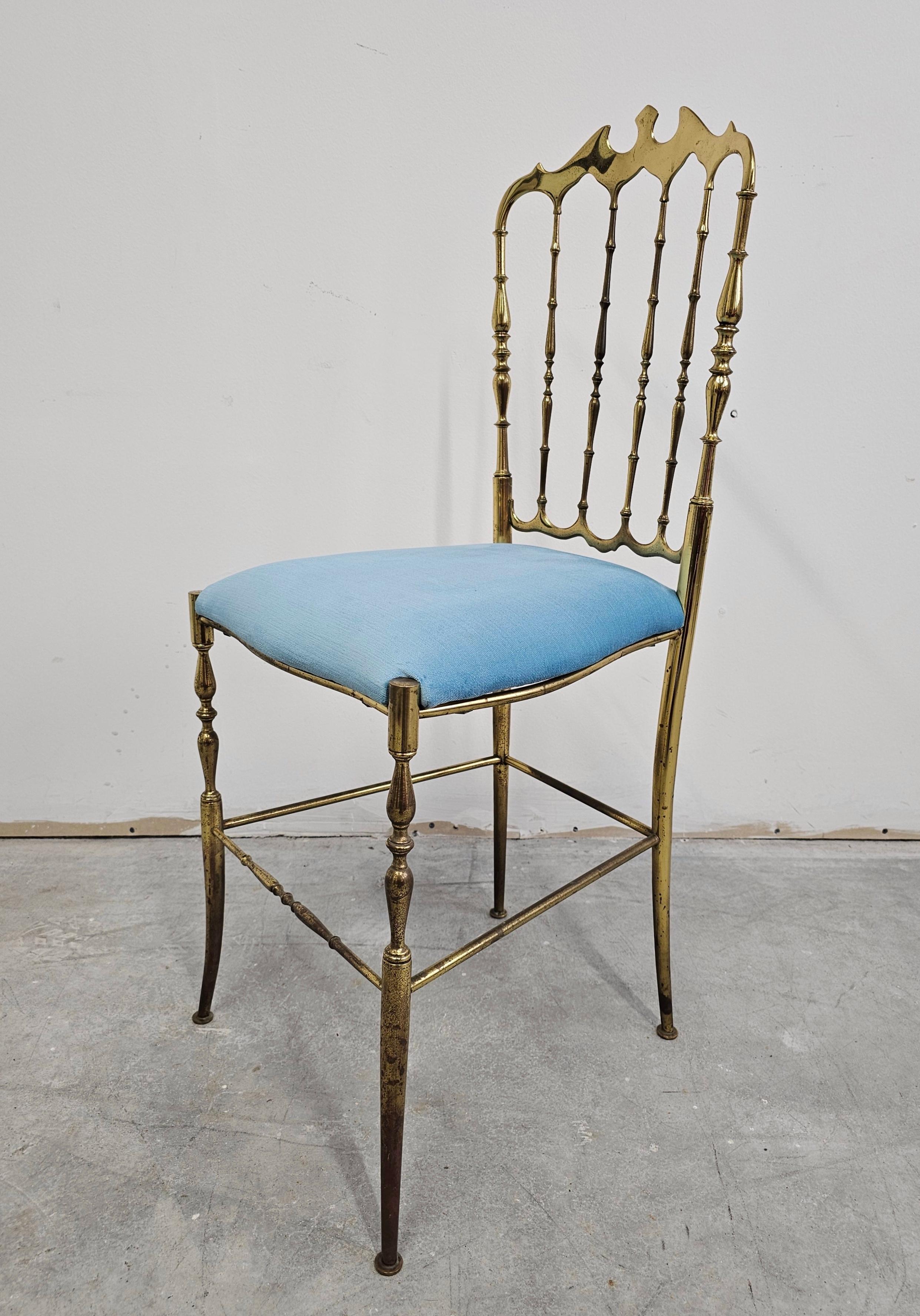 Mid Century Chiavari Side Chair made of solid brass with baby blue plush seat For Sale 5