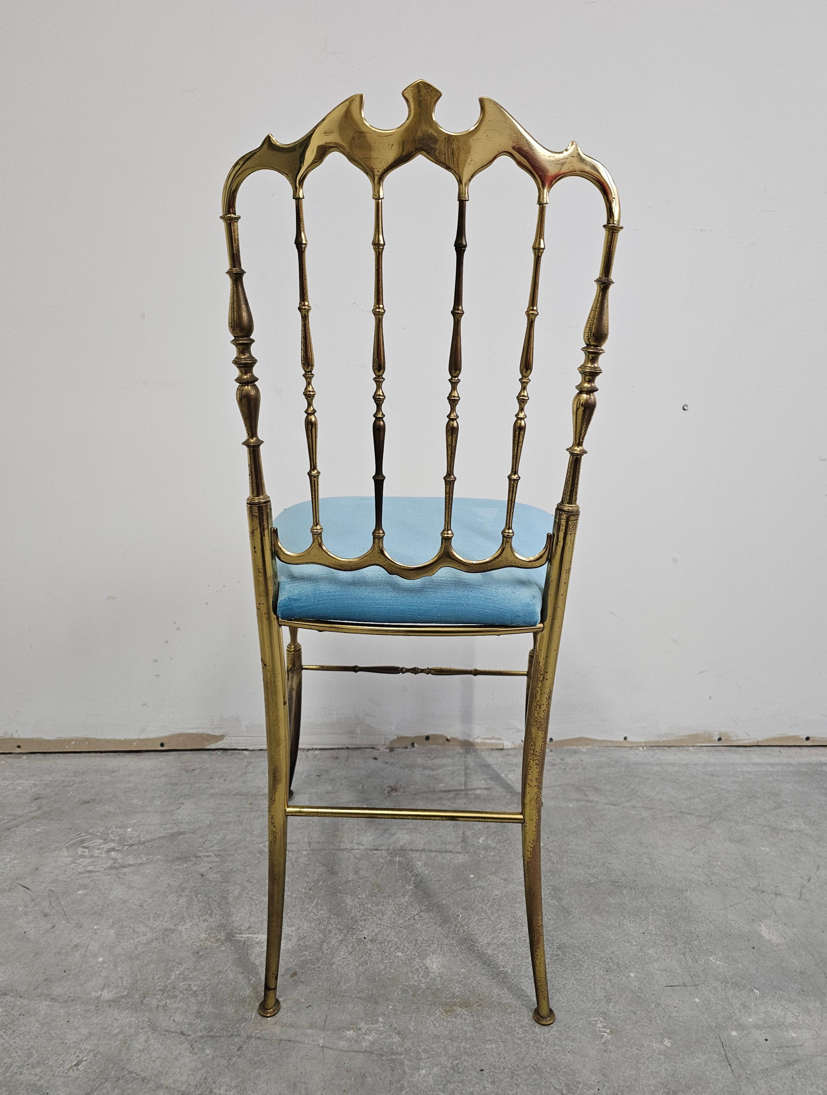 Italian Mid Century Chiavari Side Chair made of solid brass with baby blue plush seat For Sale