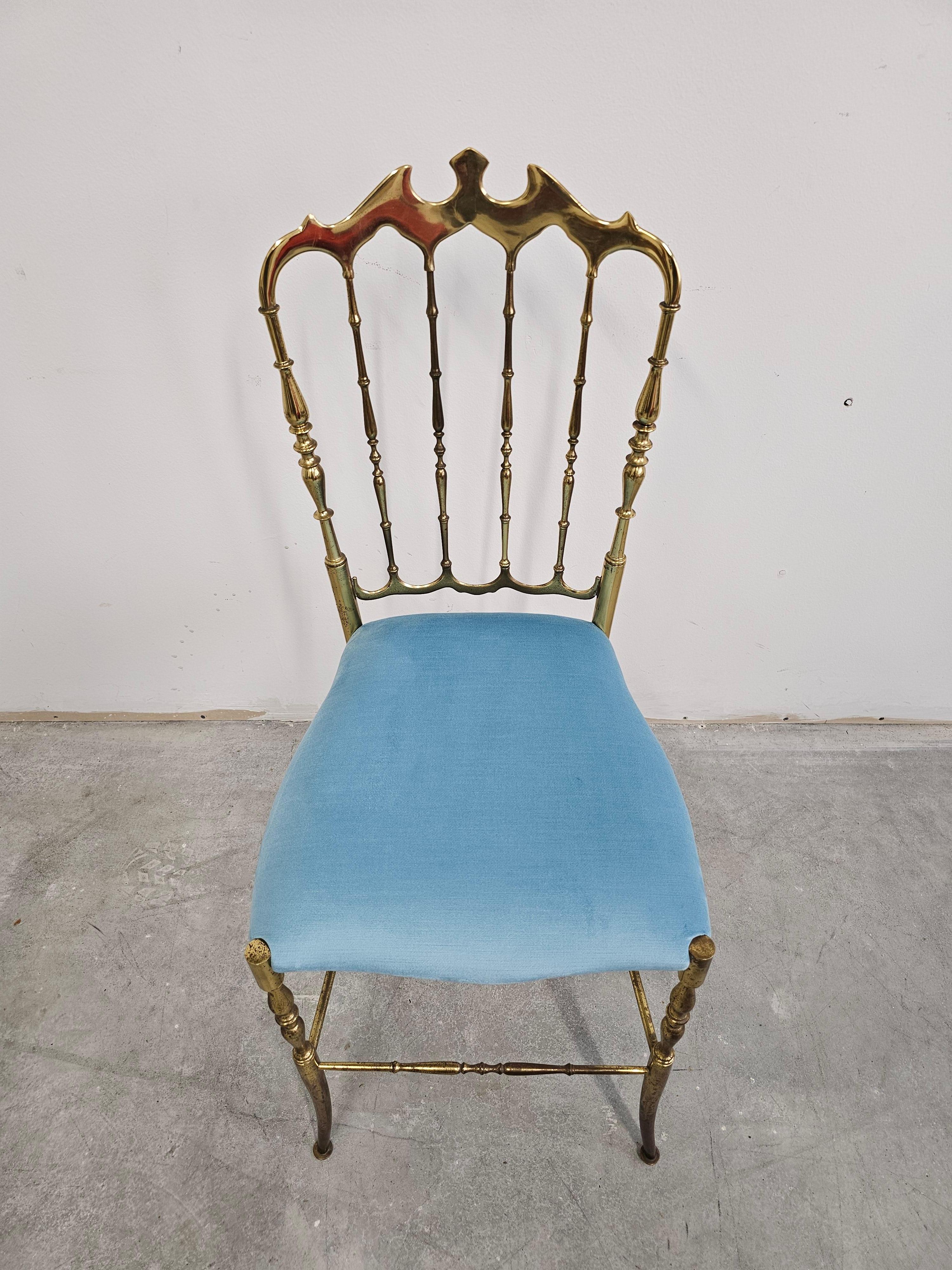 Brass Mid Century Chiavari Side Chair made of solid brass with baby blue plush seat For Sale