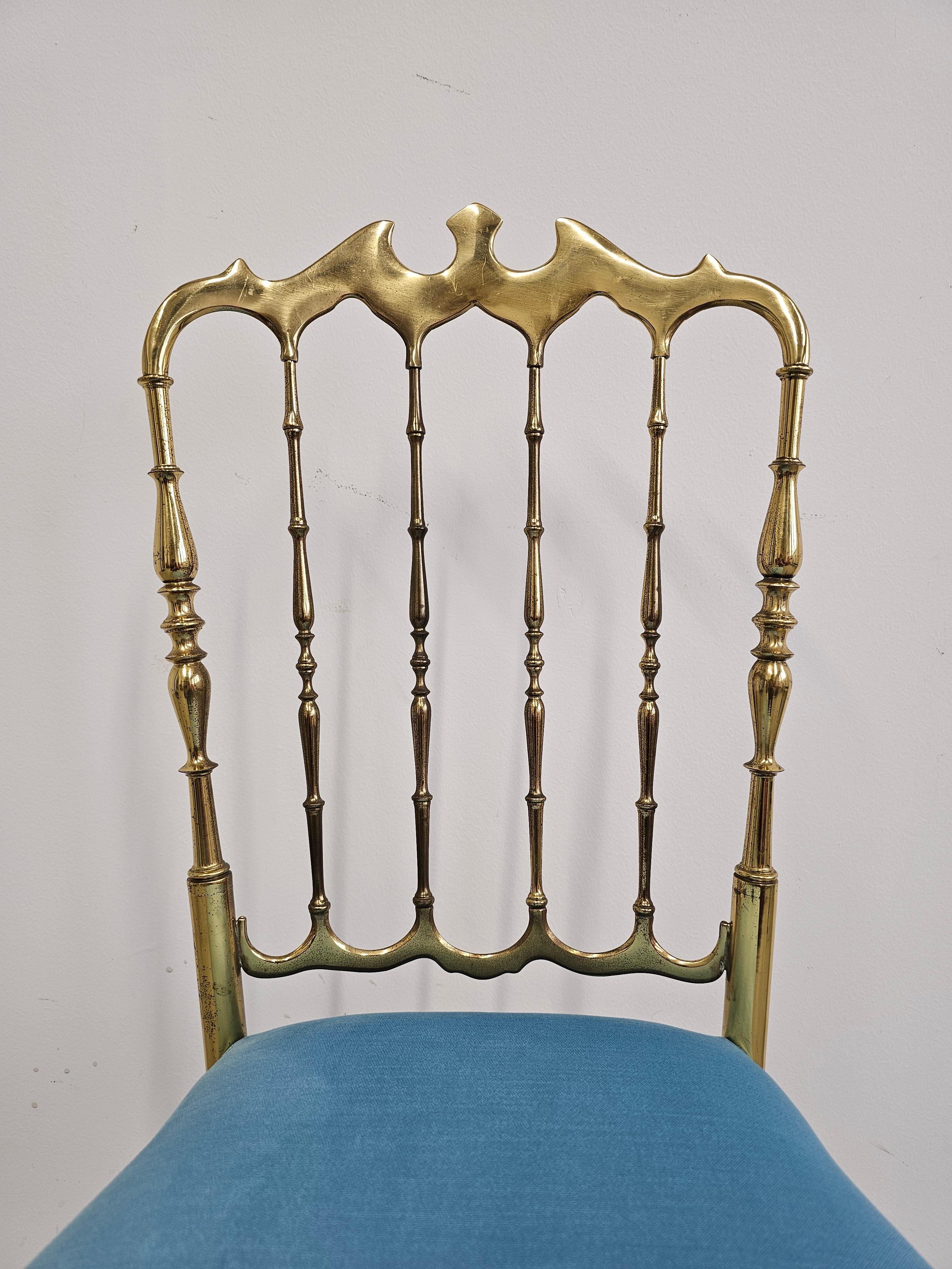 Mid Century Chiavari Side Chair made of solid brass with baby blue plush seat For Sale 1
