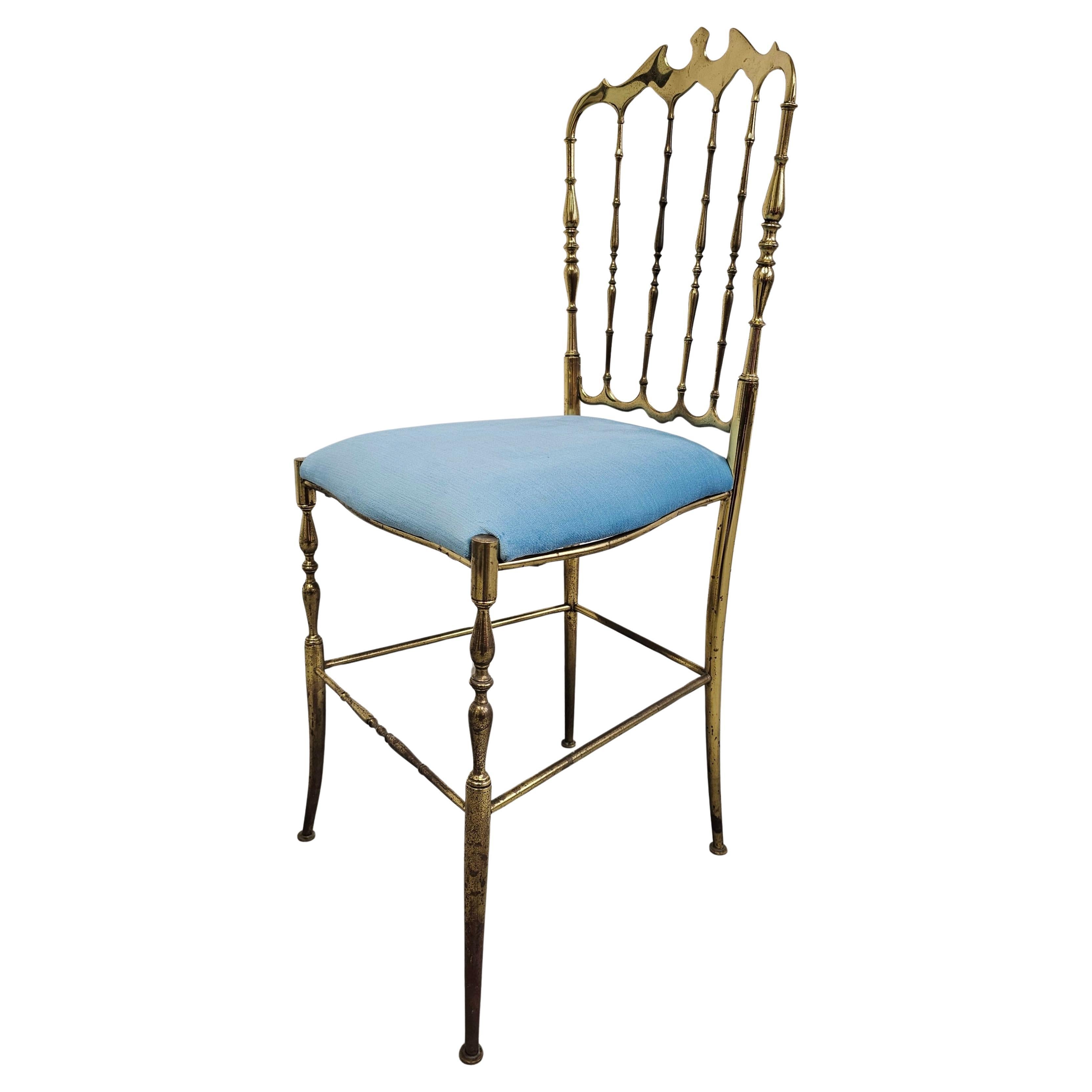 Mid Century Chiavari Side Chair made of solid brass with baby blue plush seat For Sale
