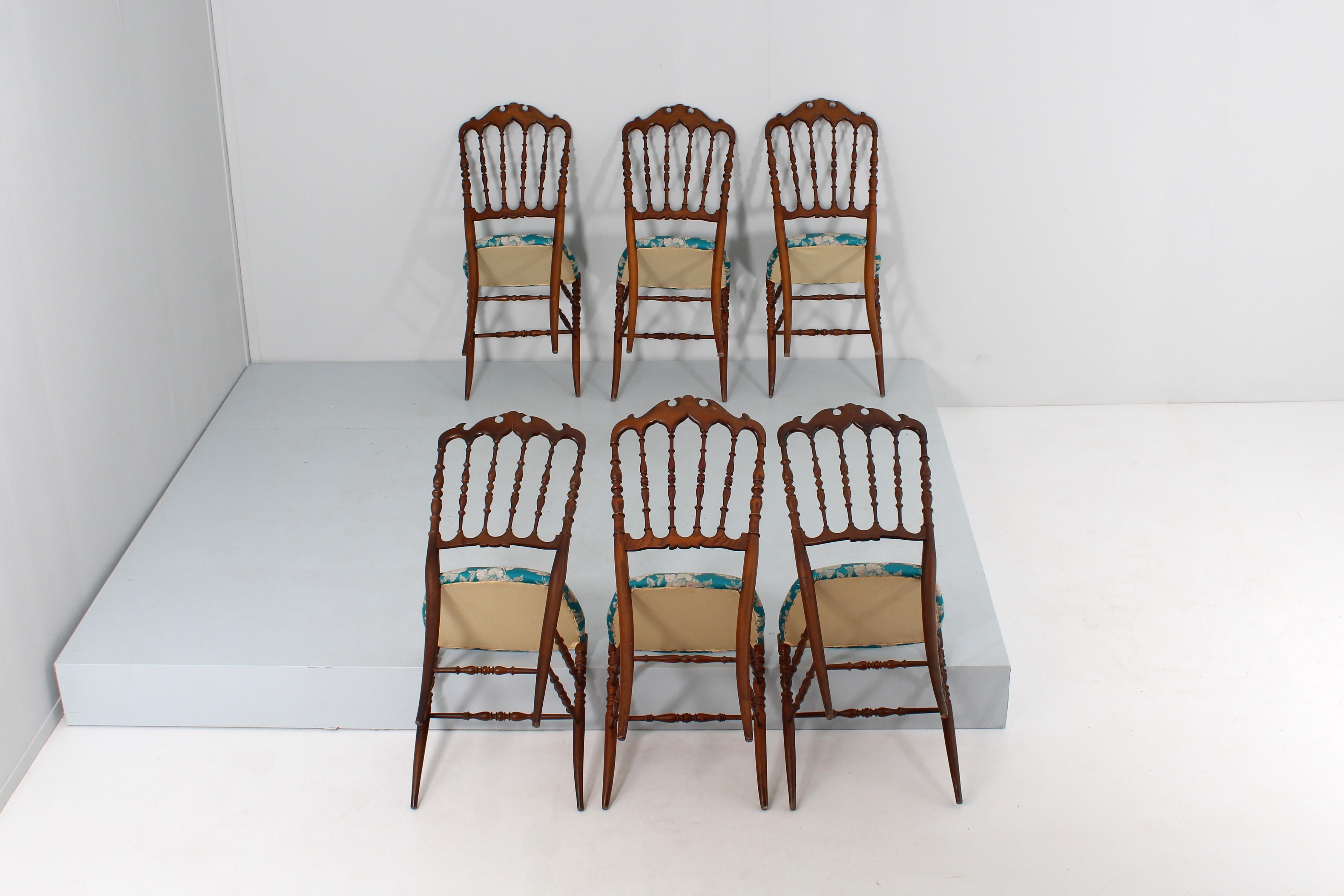 Fabric Mid-Century Chiavarina Wooden Chairs Set of 6, 1950s, Italy For Sale