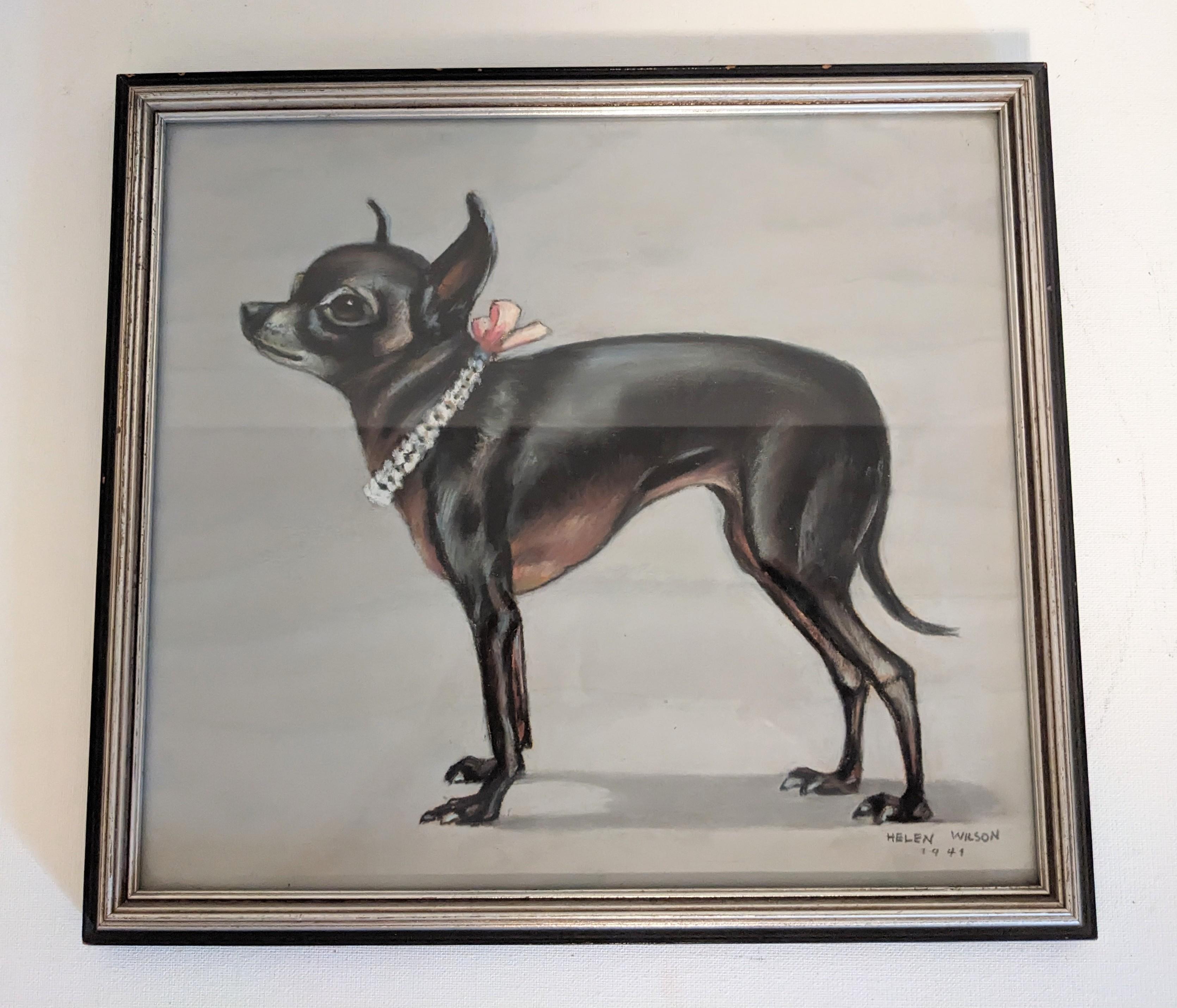 Charming Mid Century Chihuahua Painting with wood frame in silver gilt and black. The frenetic nervousness of this breed is captured as this pup does not seem so happy with this sitting. Signed Helen Wilson 1941. Size: 12