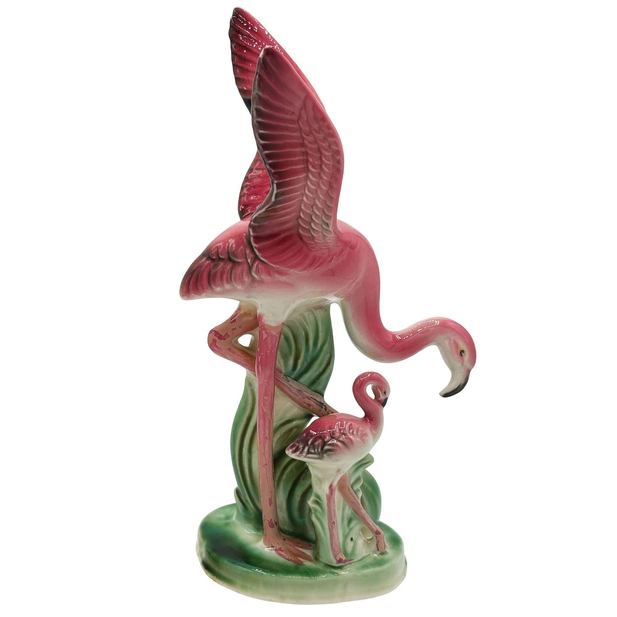 Mid-century Child & Mother Pink Flamingo Ceramic Tabletop Statue By Leftons For Sale 5
